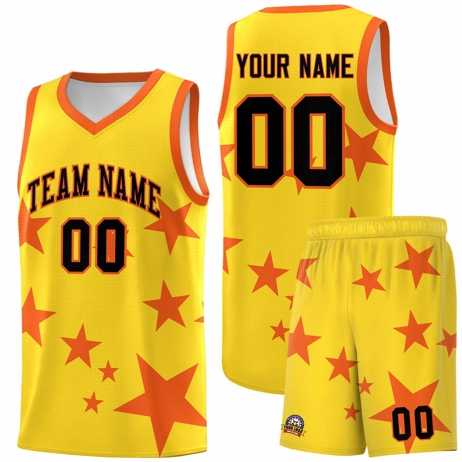 Custom Gold Orange Graffiti Pattern Star Print Basketball Kits Sets