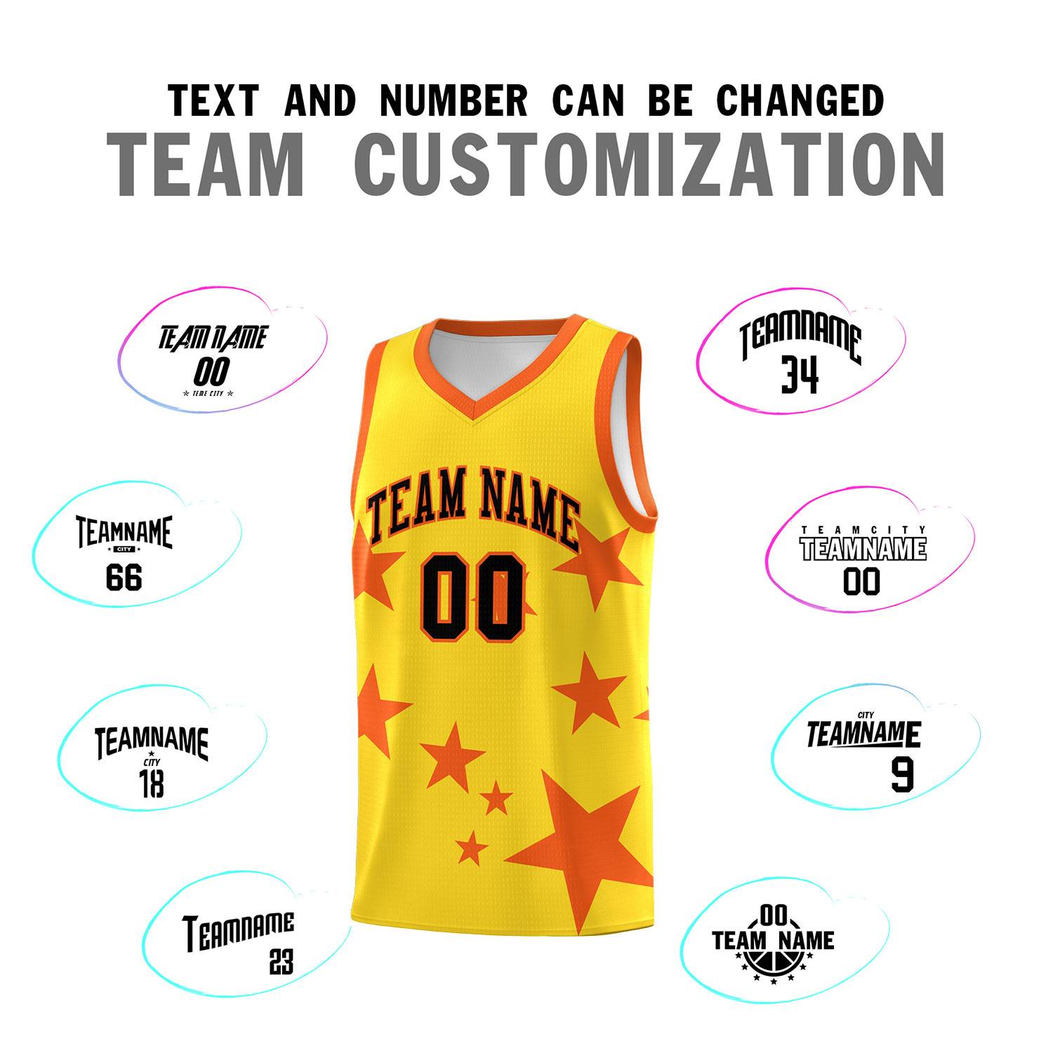 Custom Gold Orange Graffiti Pattern Star Print Basketball Kits Sets