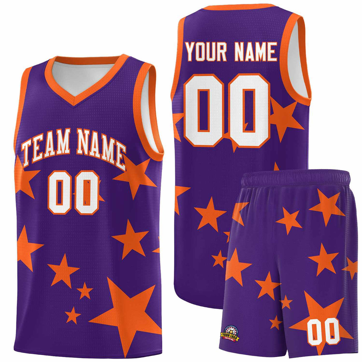 Custom Purple Orange Graffiti Pattern Star Print Basketball Kits Sets