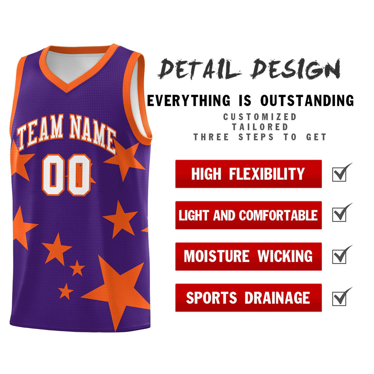 Custom Purple Orange Graffiti Pattern Star Print Basketball Kits Sets