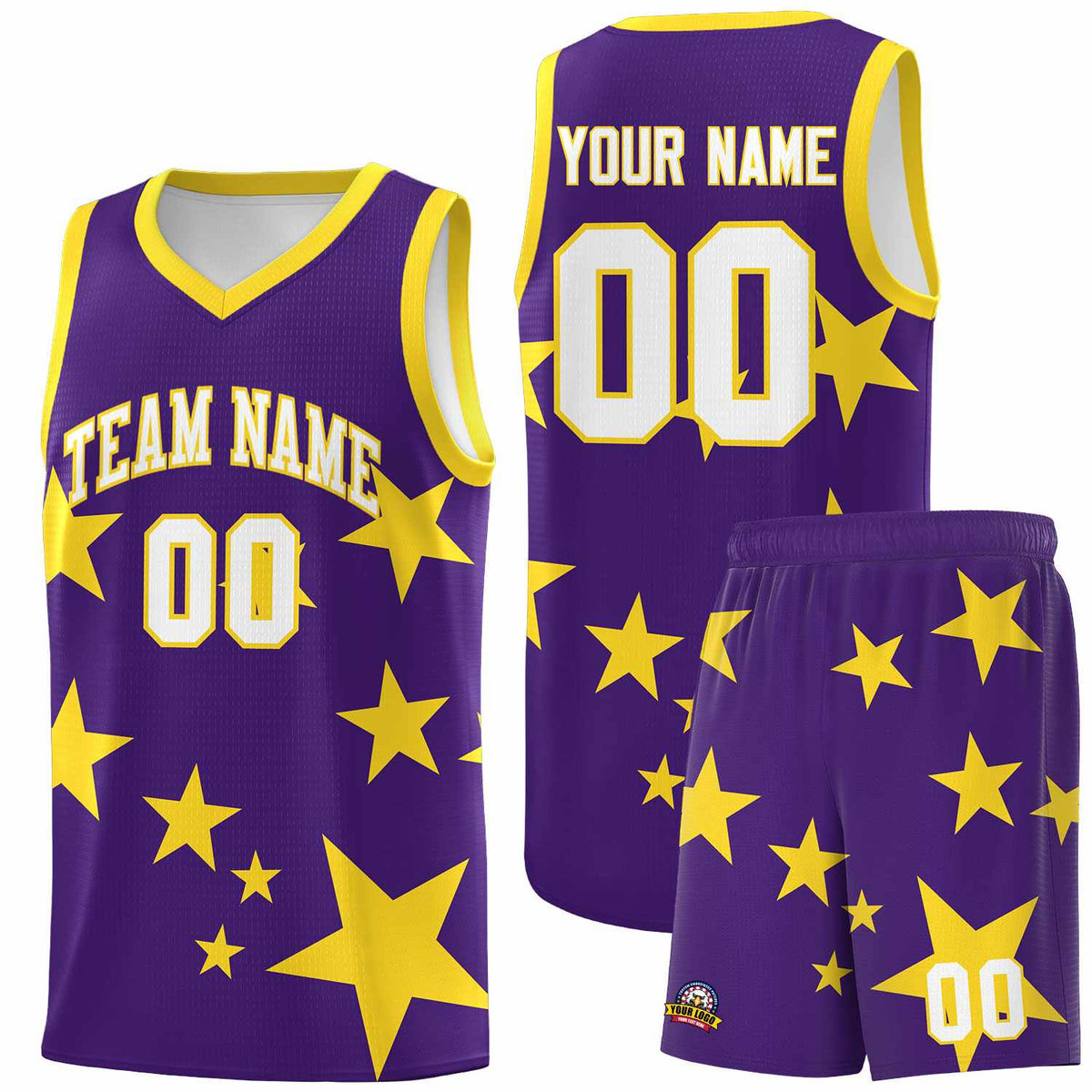 Custom Purple Gold Graffiti Pattern Star Print Basketball Kits Sets