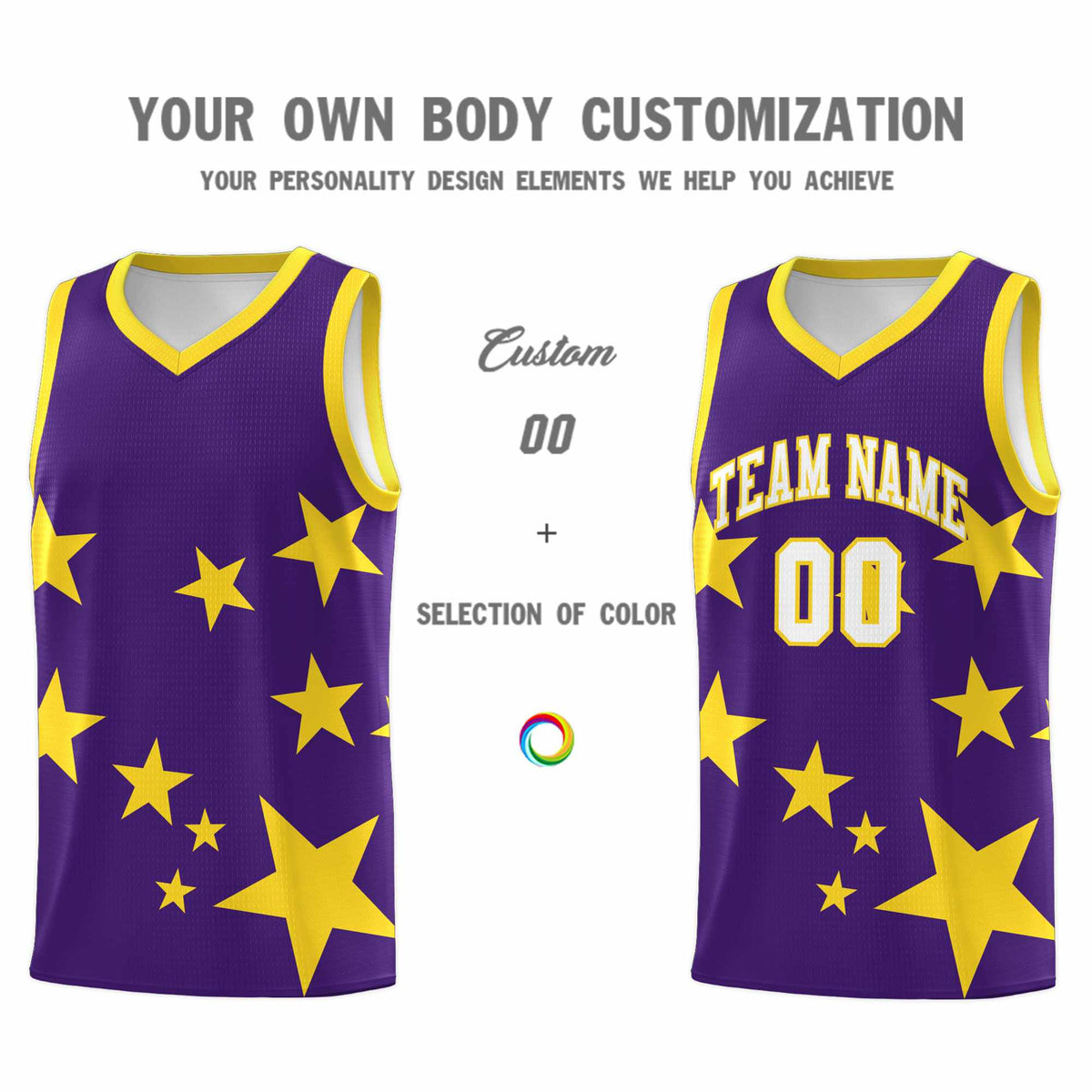 Custom Purple Gold Graffiti Pattern Star Print Basketball Kits Sets