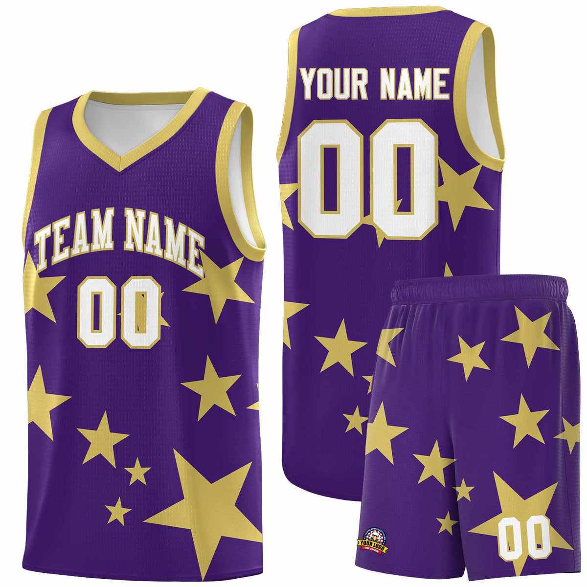 Custom Purple Old Gold Graffiti Pattern Star Print Basketball Kits Sets