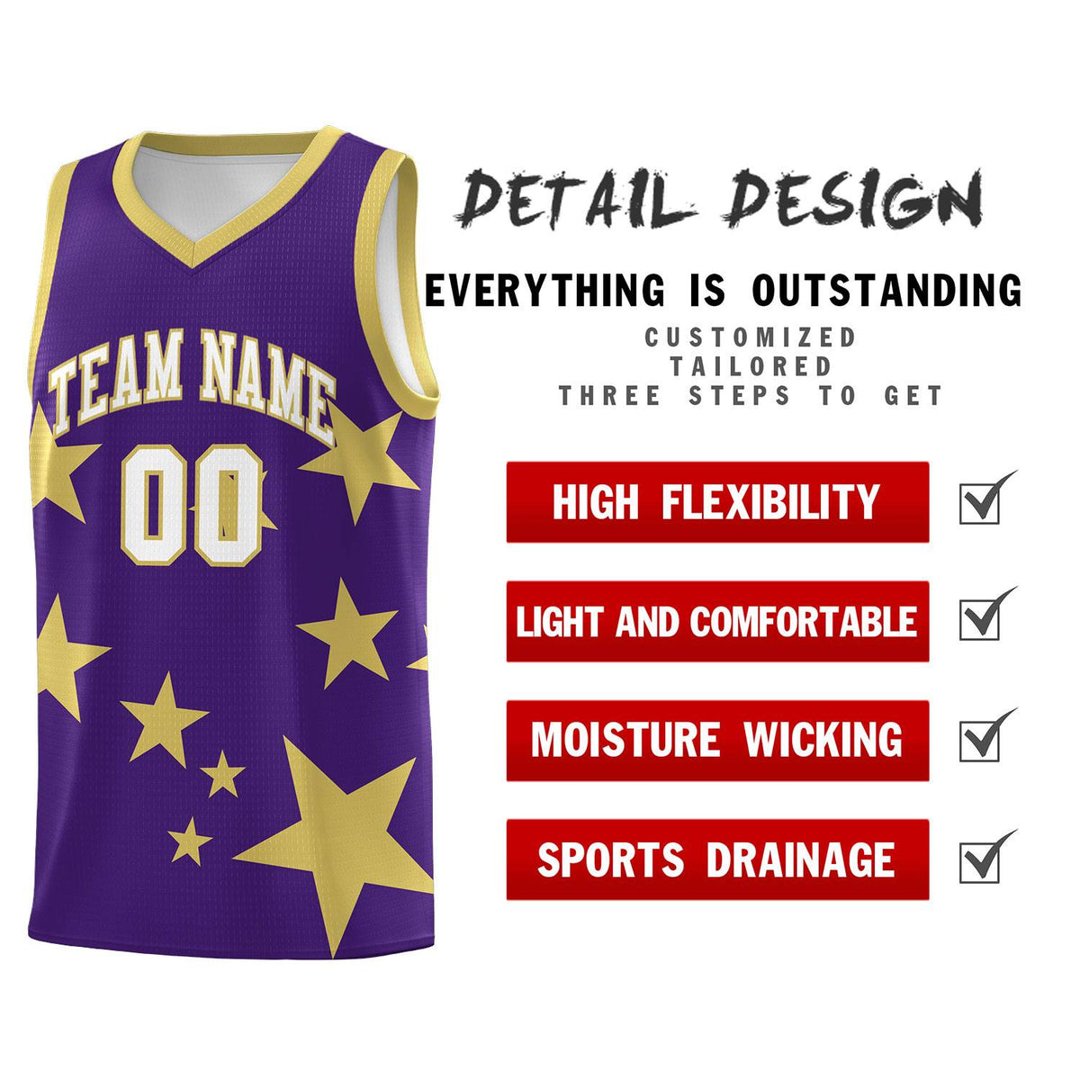 Custom Purple Old Gold Graffiti Pattern Star Print Basketball Kits Sets