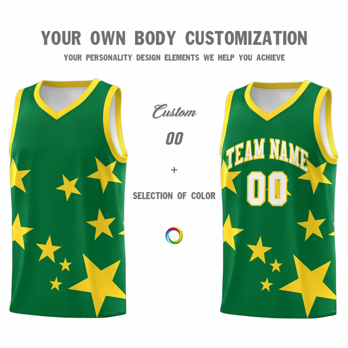 Custom Kelly Green Gold Graffiti Pattern Star Print Basketball Kits Sets