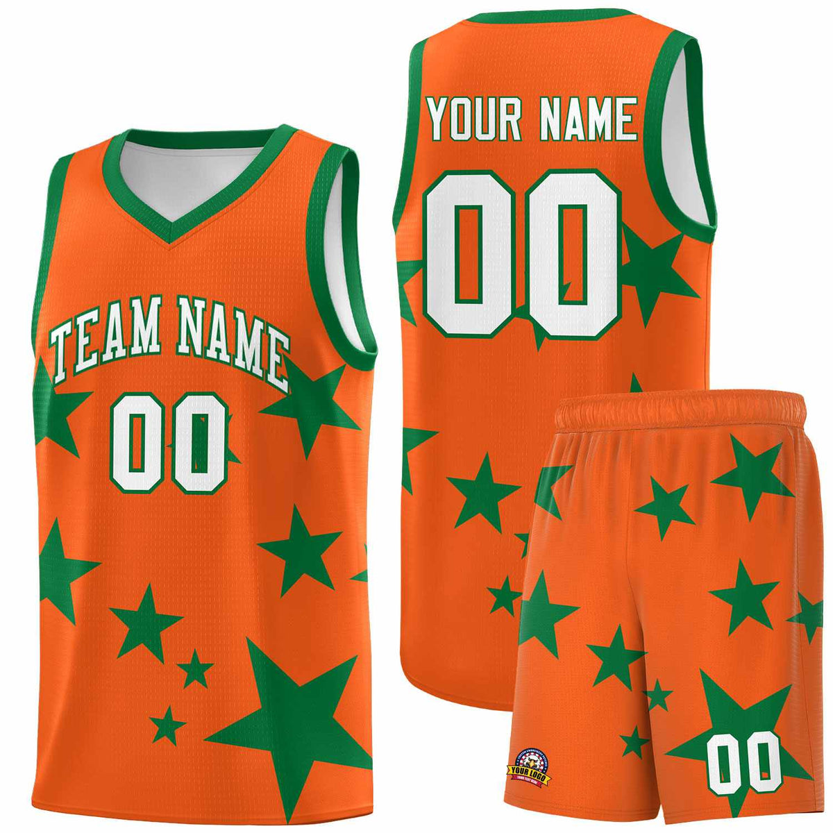 Custom Orange Kelly Green Graffiti Pattern Star Print Basketball Kits Sets