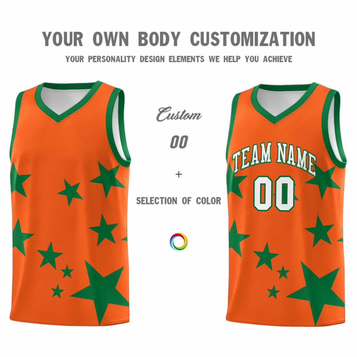 Custom Orange Kelly Green Graffiti Pattern Star Print Basketball Kits Sets