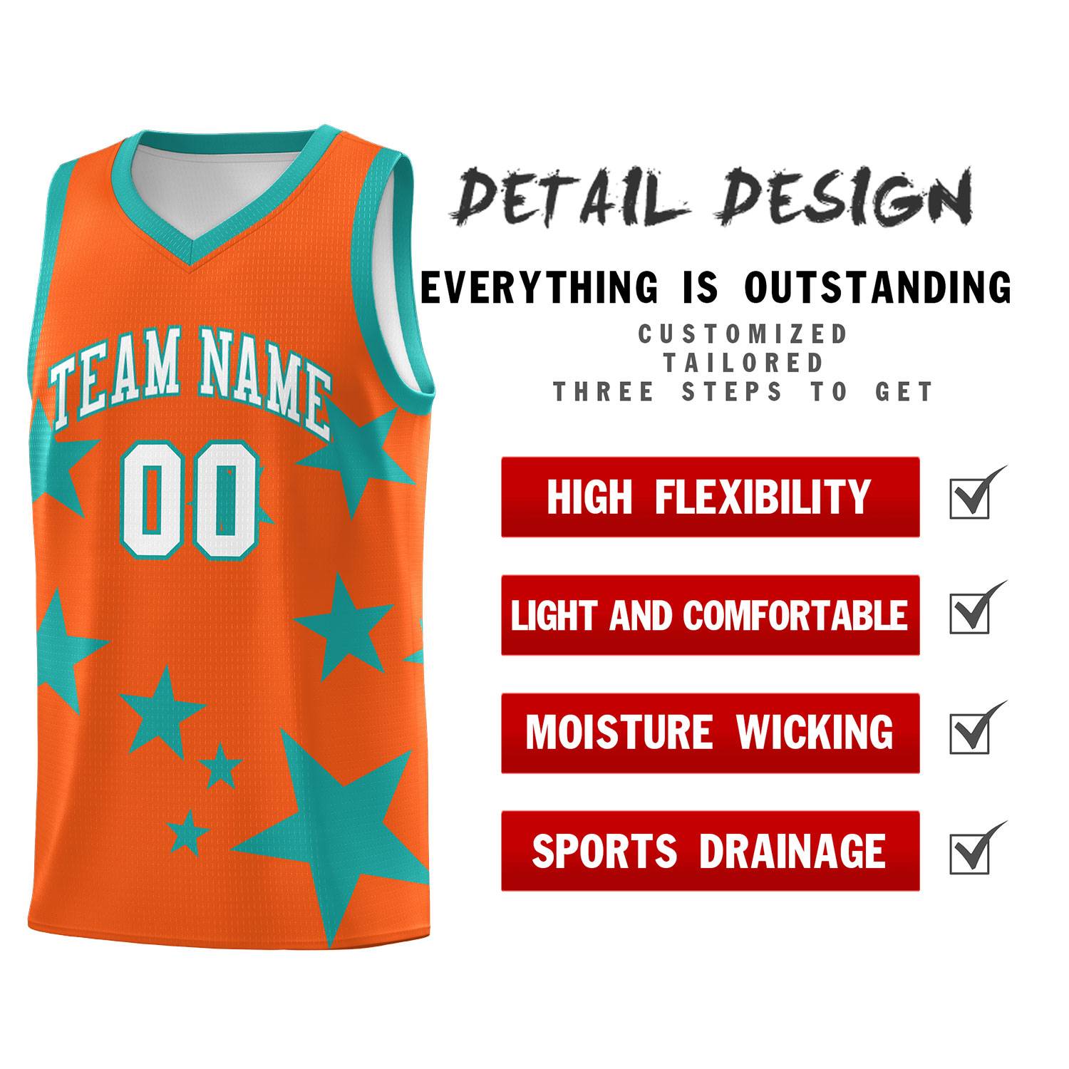 Custom Orange Aqua Graffiti Pattern Star Print Basketball Kits Sets