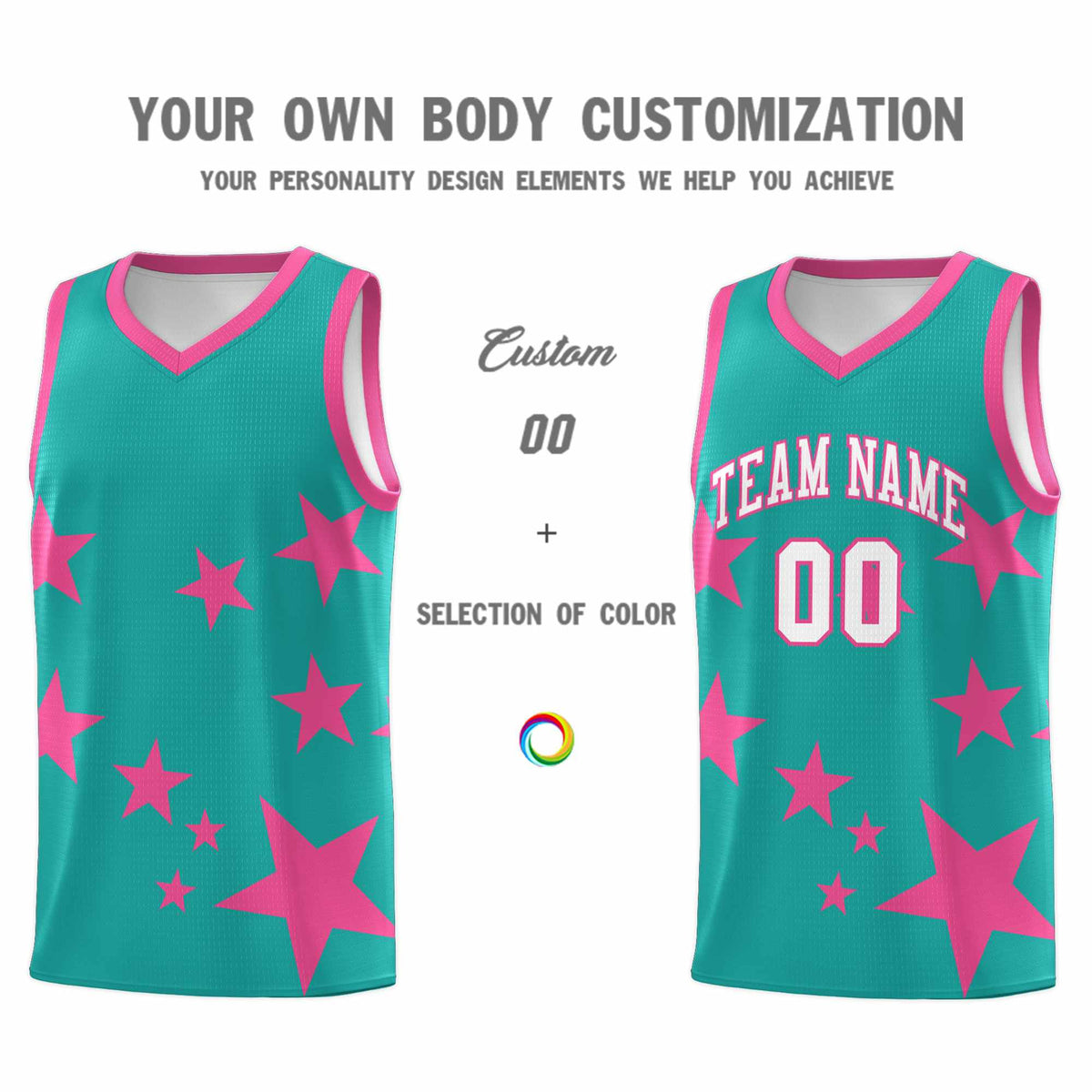 Custom Aqua Pink Graffiti Pattern Star Print Basketball Kits Sets