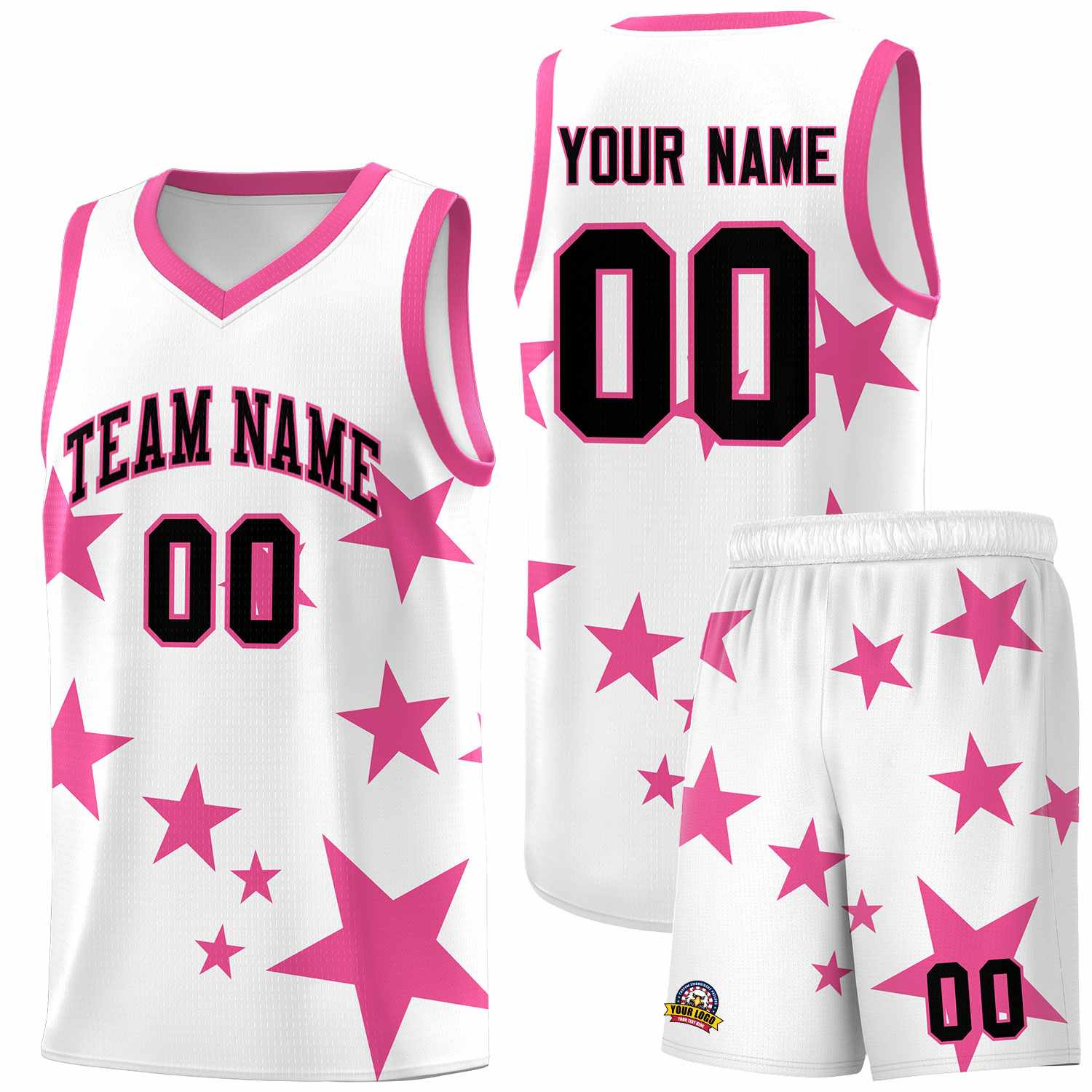 Custom White Pink Graffiti Pattern Star Print Basketball Kits Sets
