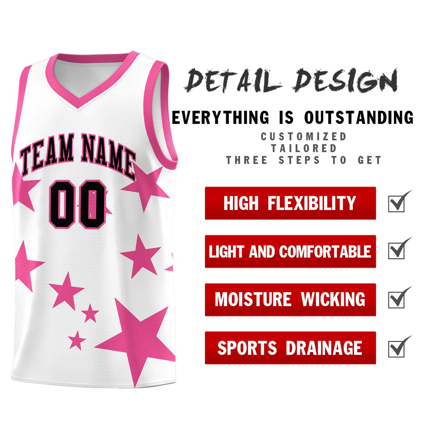 Custom White Pink Graffiti Pattern Star Print Basketball Kits Sets