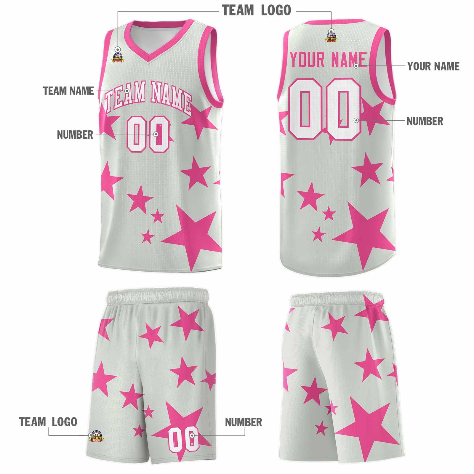 Custom Gray Pink Graffiti Pattern Star Print Basketball Kits Sets