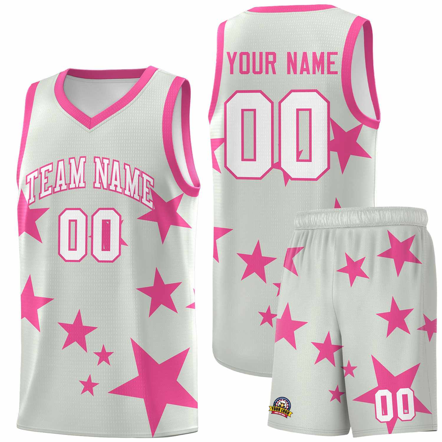 Custom Gray Pink Graffiti Pattern Star Print Basketball Kits Sets