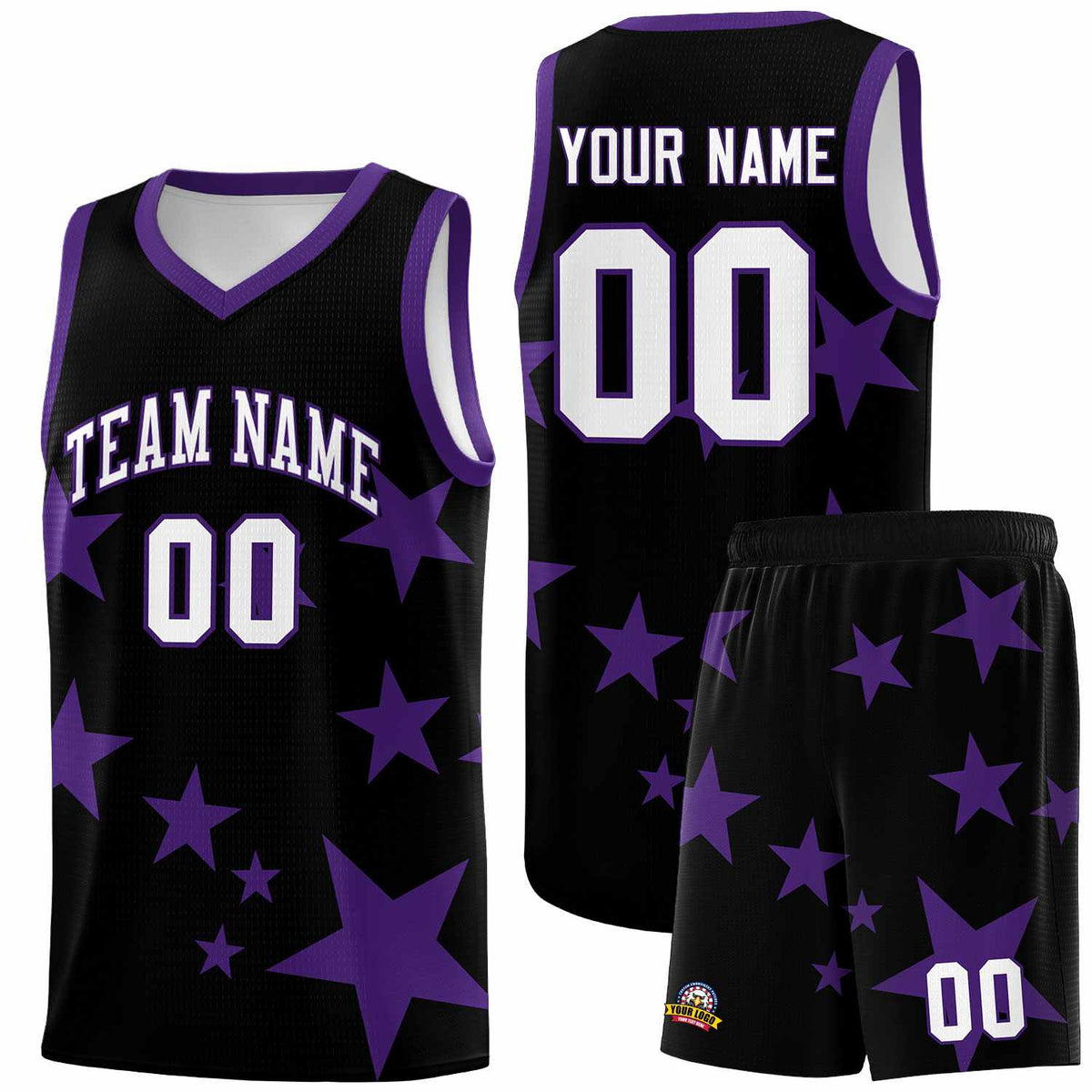 Custom Black Purple Graffiti Pattern Star Print Basketball Kits Sets