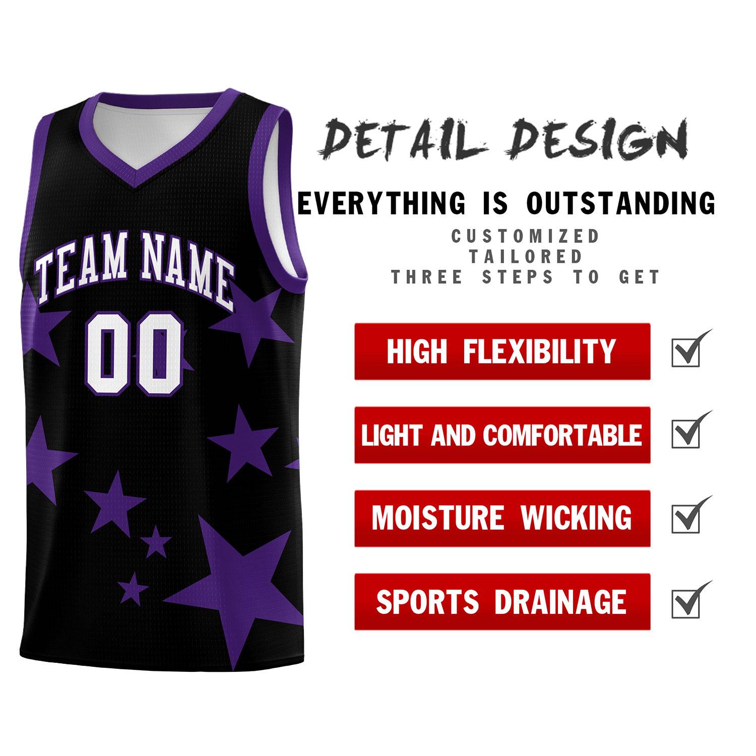 Custom Black Purple Graffiti Pattern Star Print Basketball Kits Sets