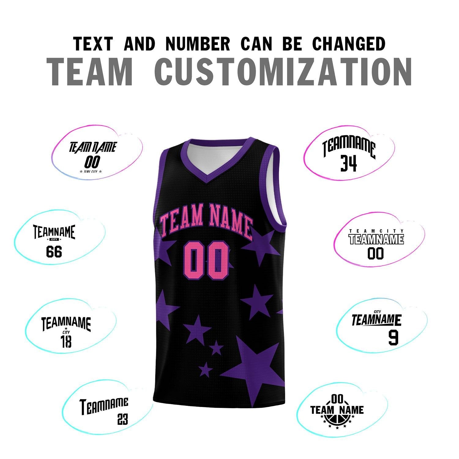 Custom Black Purple Graffiti Pattern Star Print Basketball Kits Sets