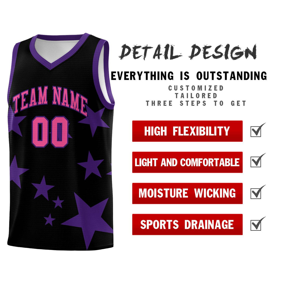 Custom Black Purple Graffiti Pattern Star Print Basketball Kits Sets