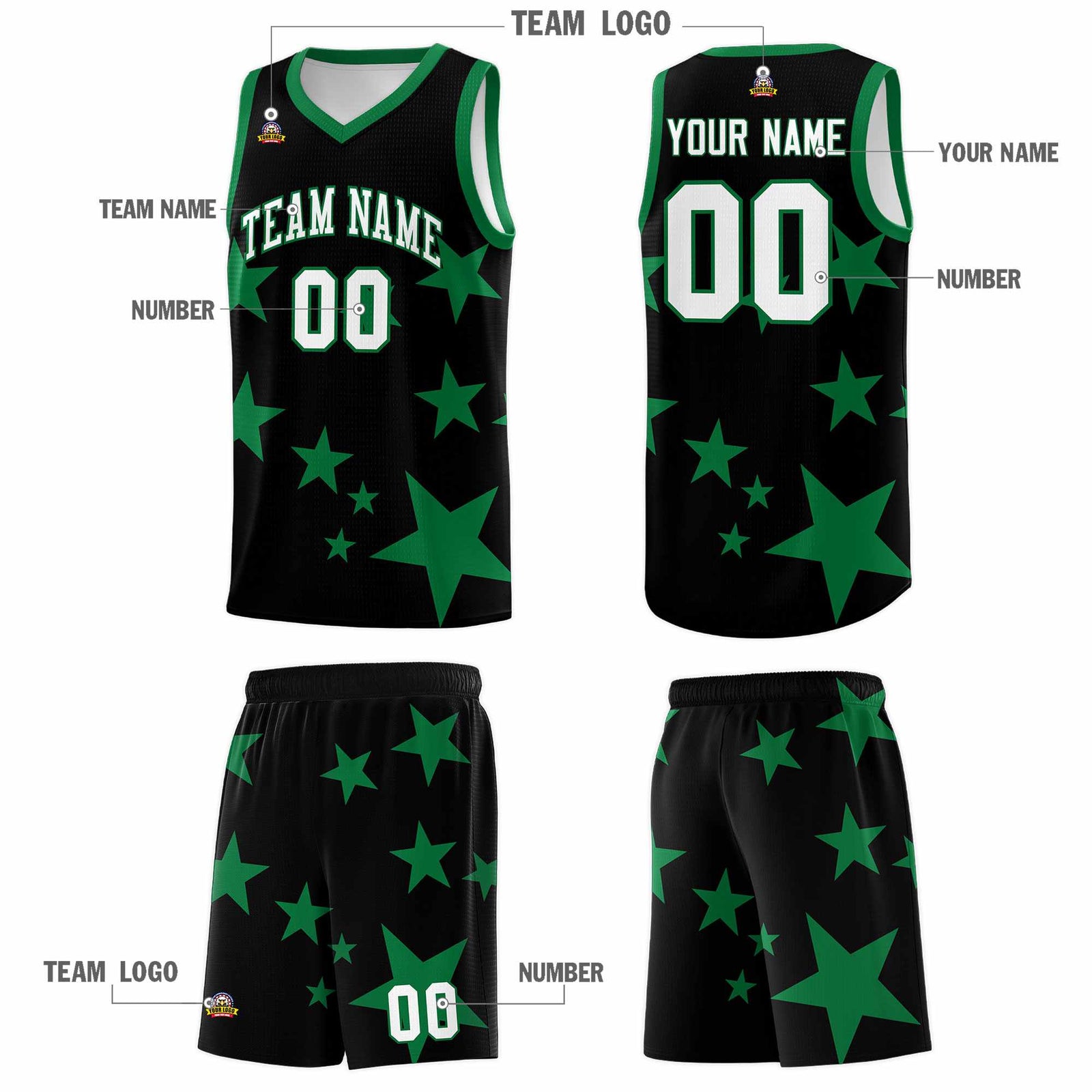 Custom Black Kelly Green Graffiti Pattern Star Print Basketball Kits Sets