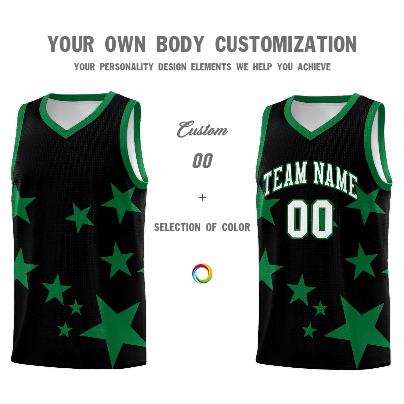 Custom Black Kelly Green Graffiti Pattern Star Print Basketball Kits Sets