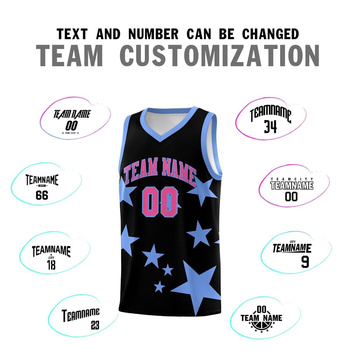 Custom Black Light Blue Graffiti Pattern Star Print Basketball Kits Sets