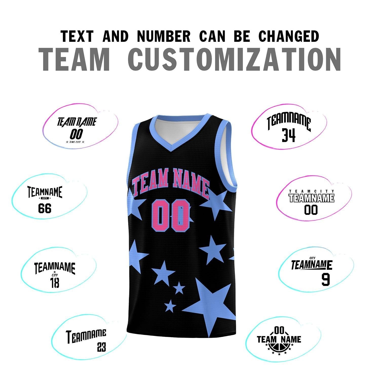 Custom Black Light Blue Graffiti Pattern Star Print Basketball Kits Sets