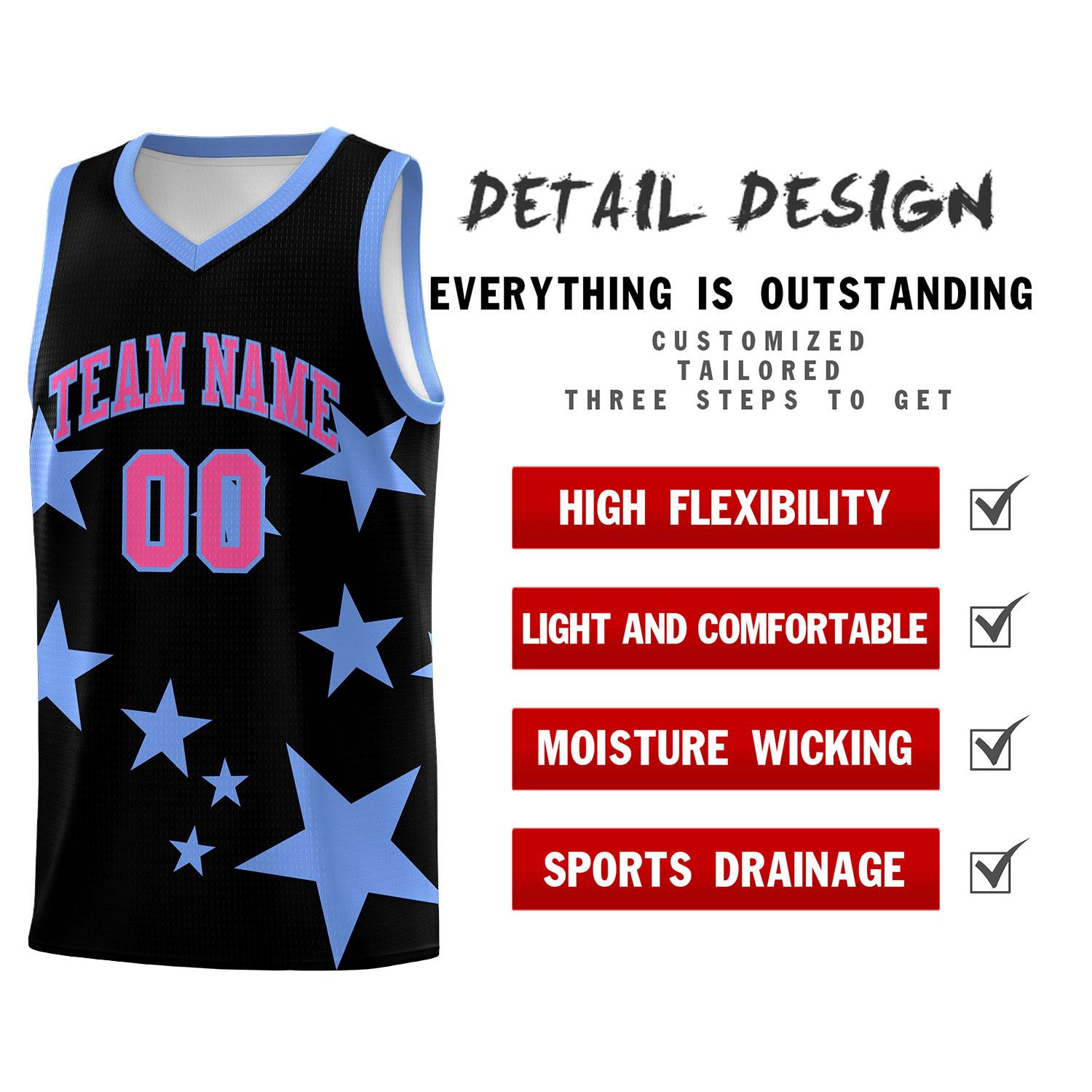 Custom Black Light Blue Graffiti Pattern Star Print Basketball Kits Sets