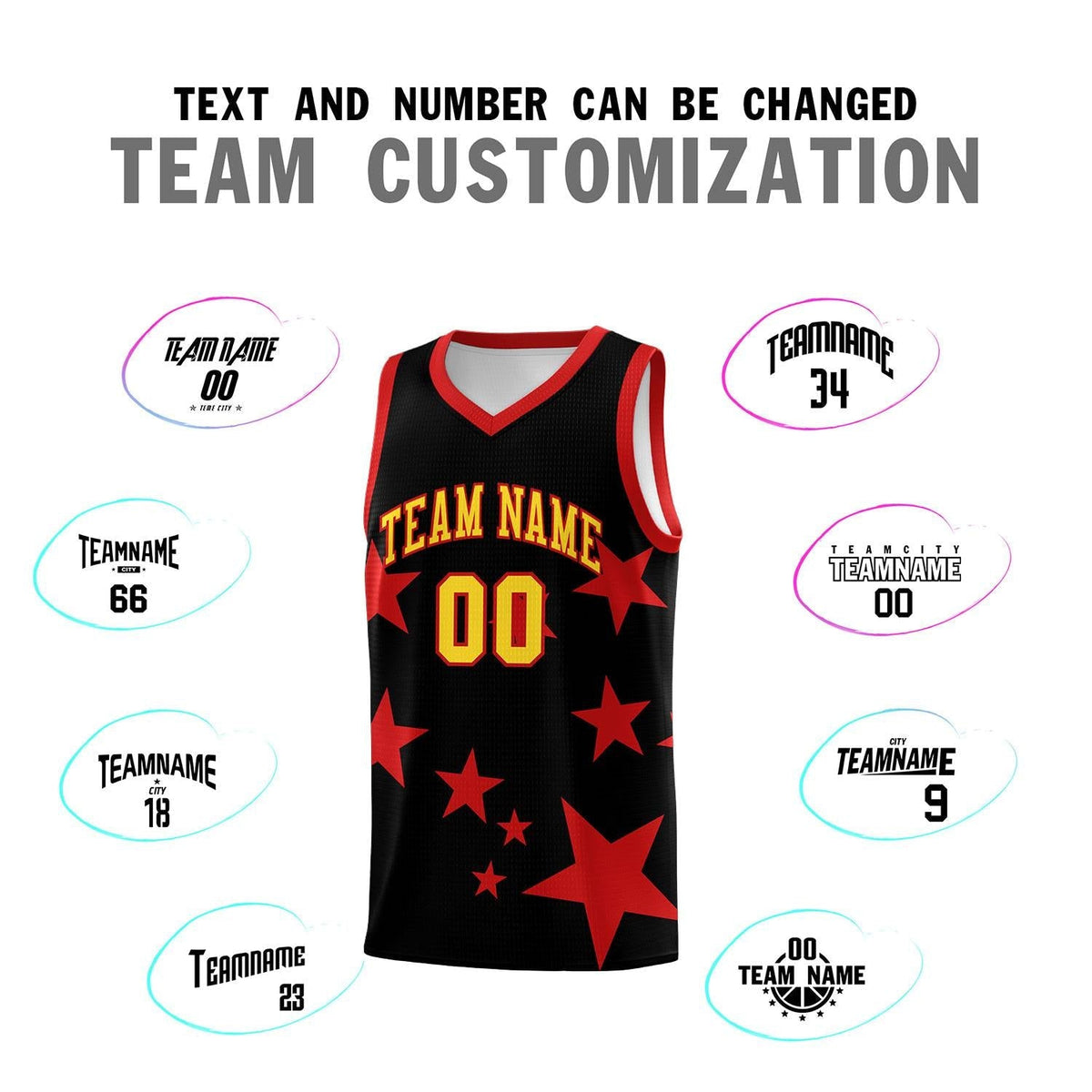 Custom Black Red Graffiti Pattern Star Print Basketball Kits Sets