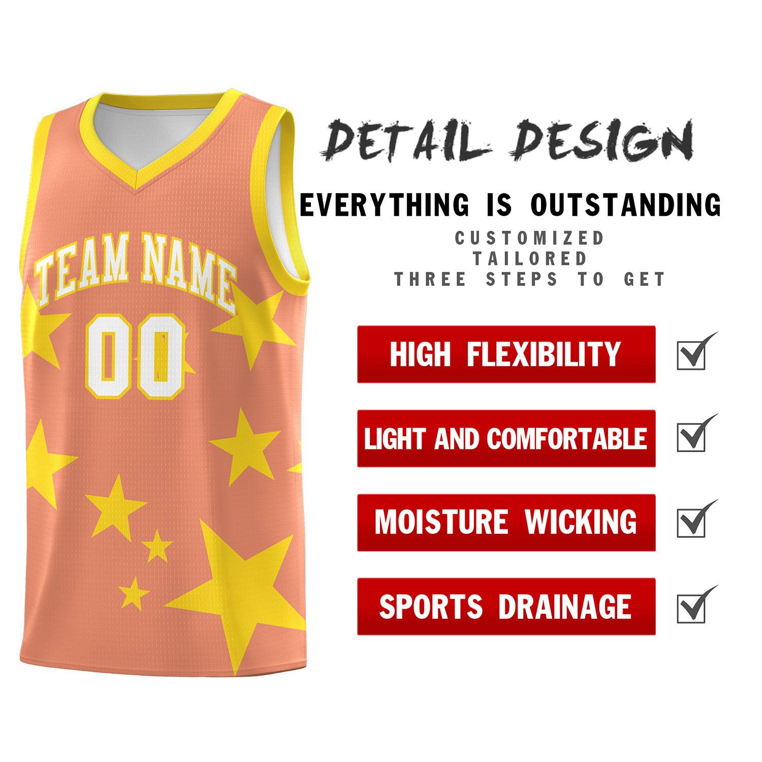 Custom Light Orange Gold Graffiti Pattern Star Print Basketball Kits Sets