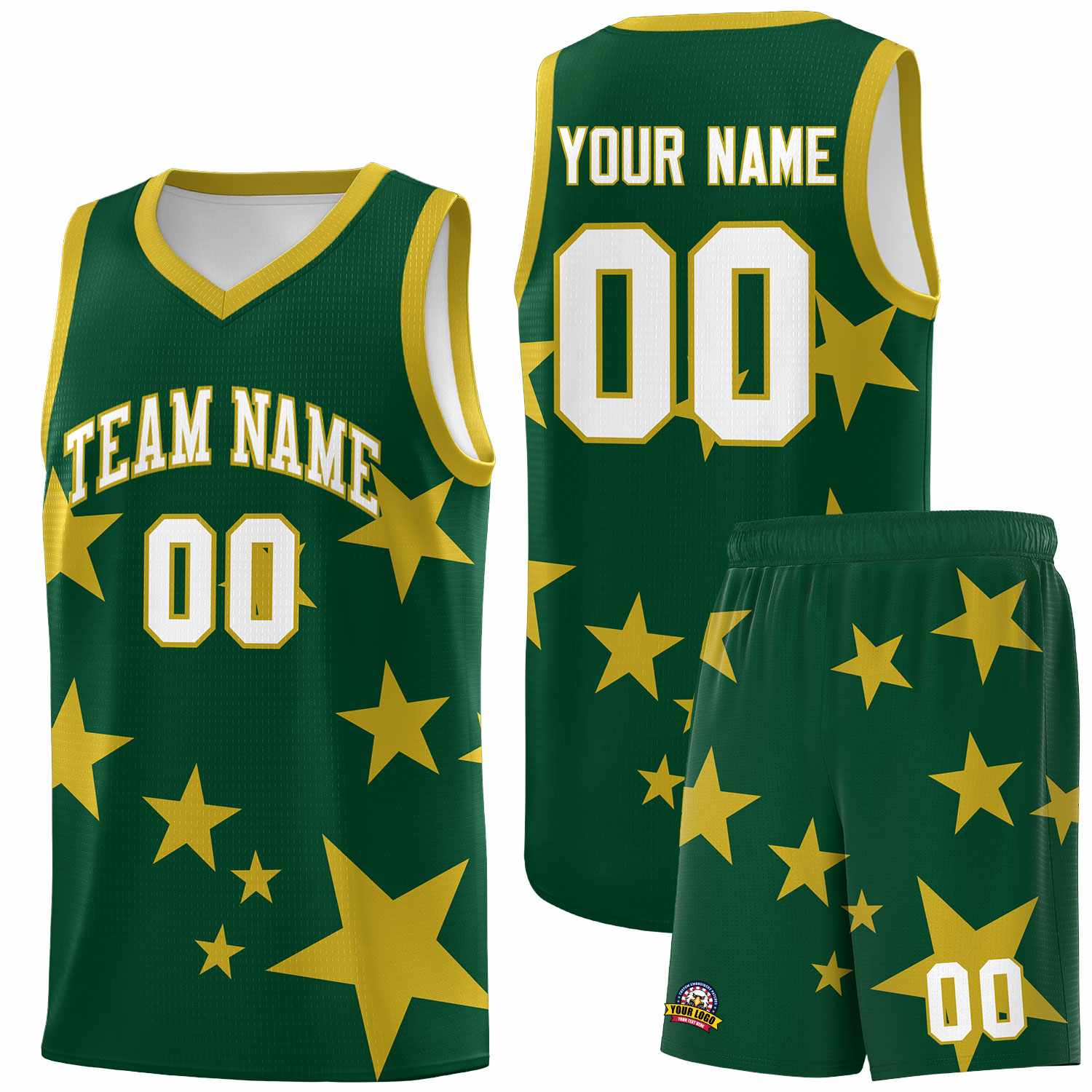 Custom Green Old Gold Graffiti Pattern Star Print Basketball Kits Sets