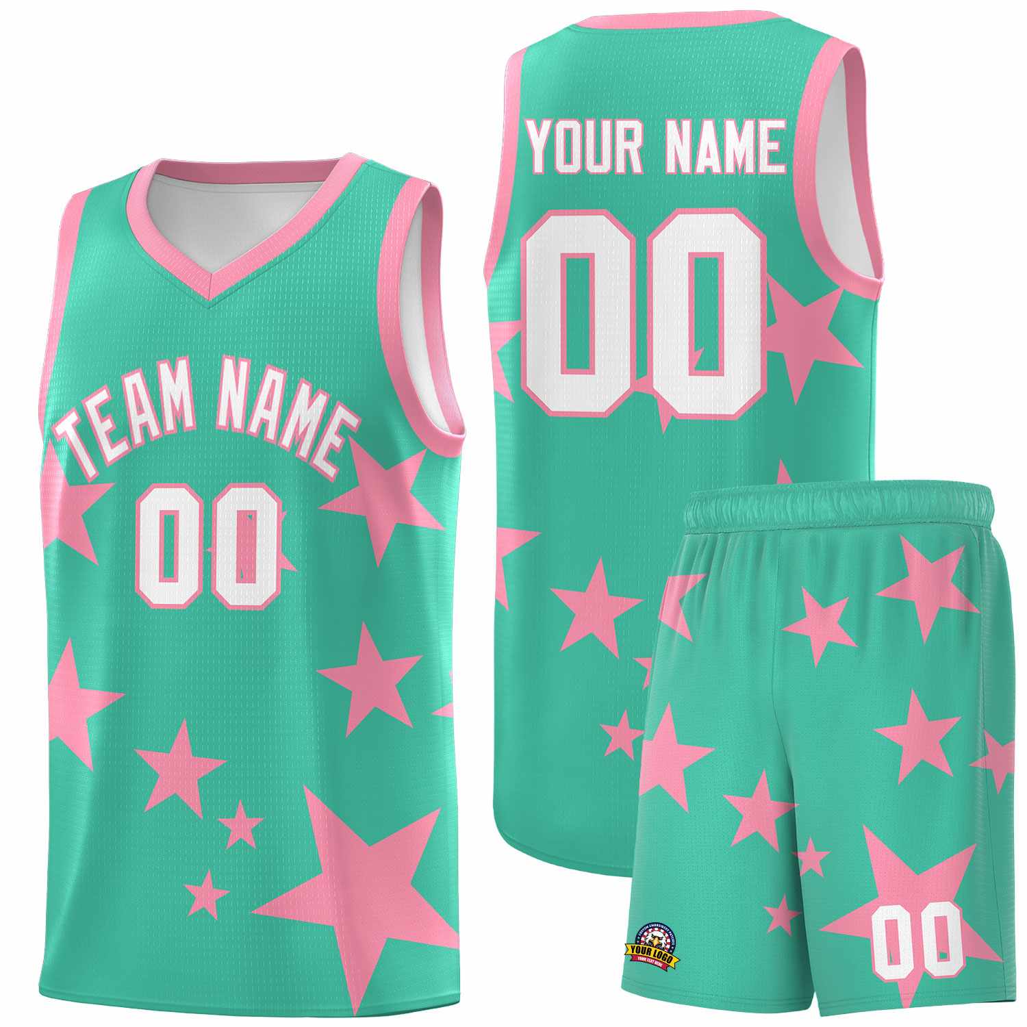 Custom Bright Green Light Pink Graffiti Pattern Star Print Basketball Kits Sets