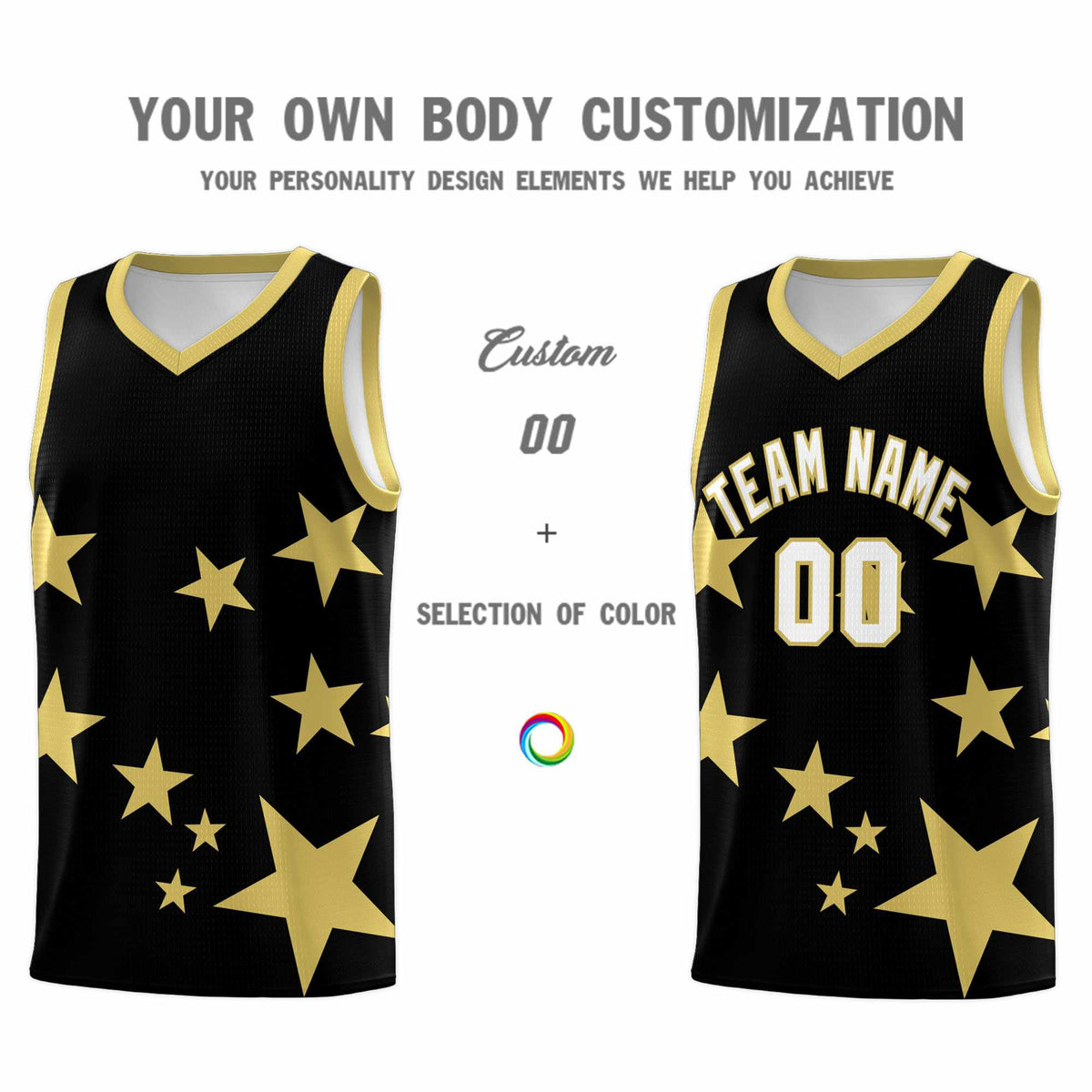 Custom Black Old Gold Graffiti Pattern Star Print Basketball Kits Sets