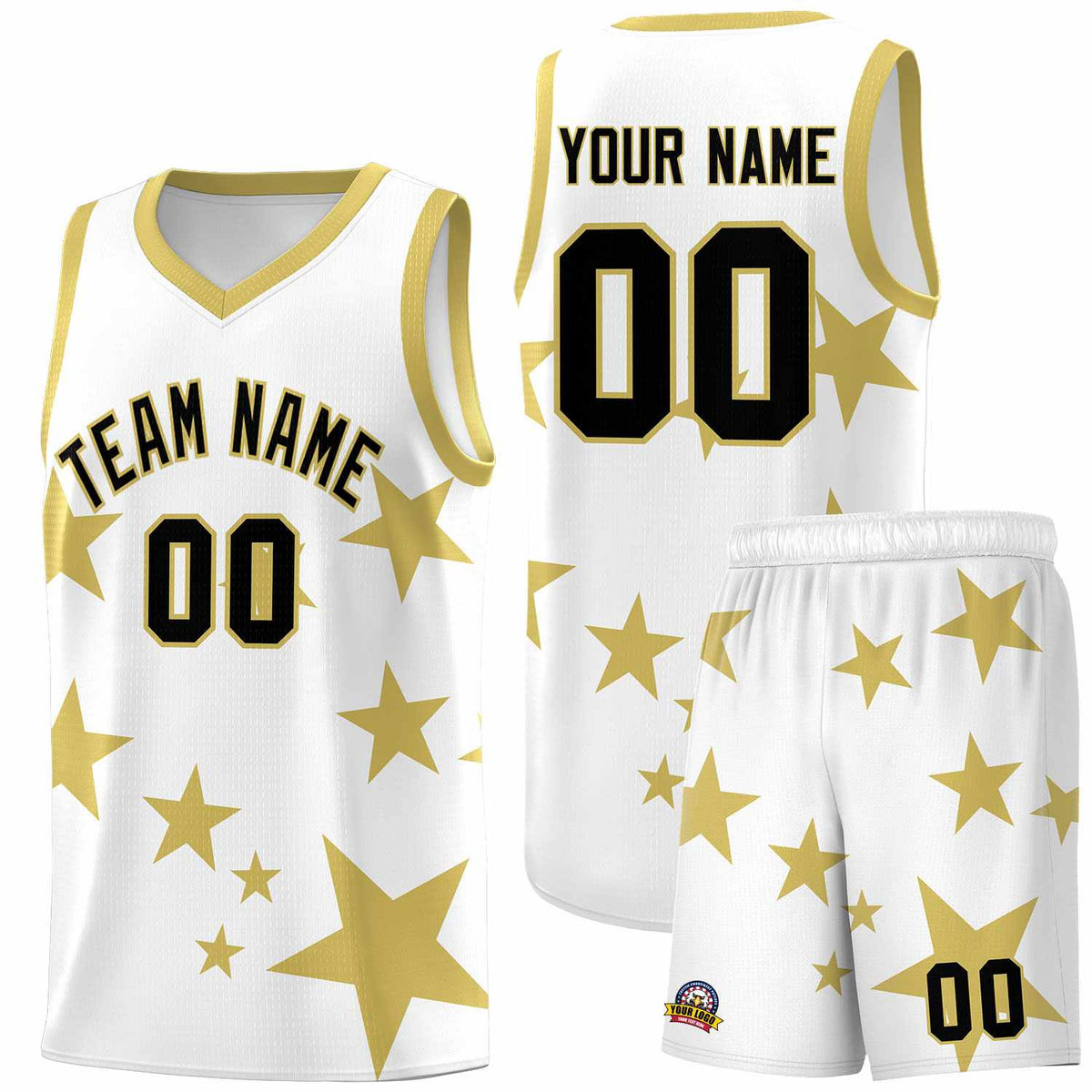 Custom White Old Gold Graffiti Pattern Star Print Basketball Kits Sets