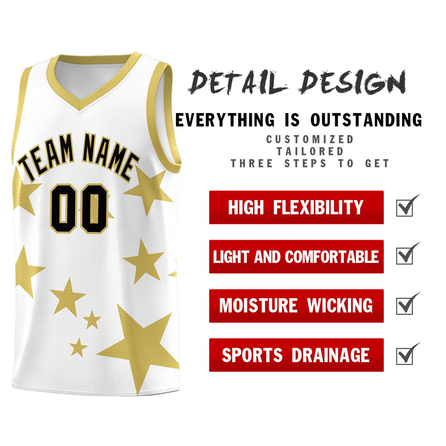 Custom White Old Gold Graffiti Pattern Star Print Basketball Kits Sets