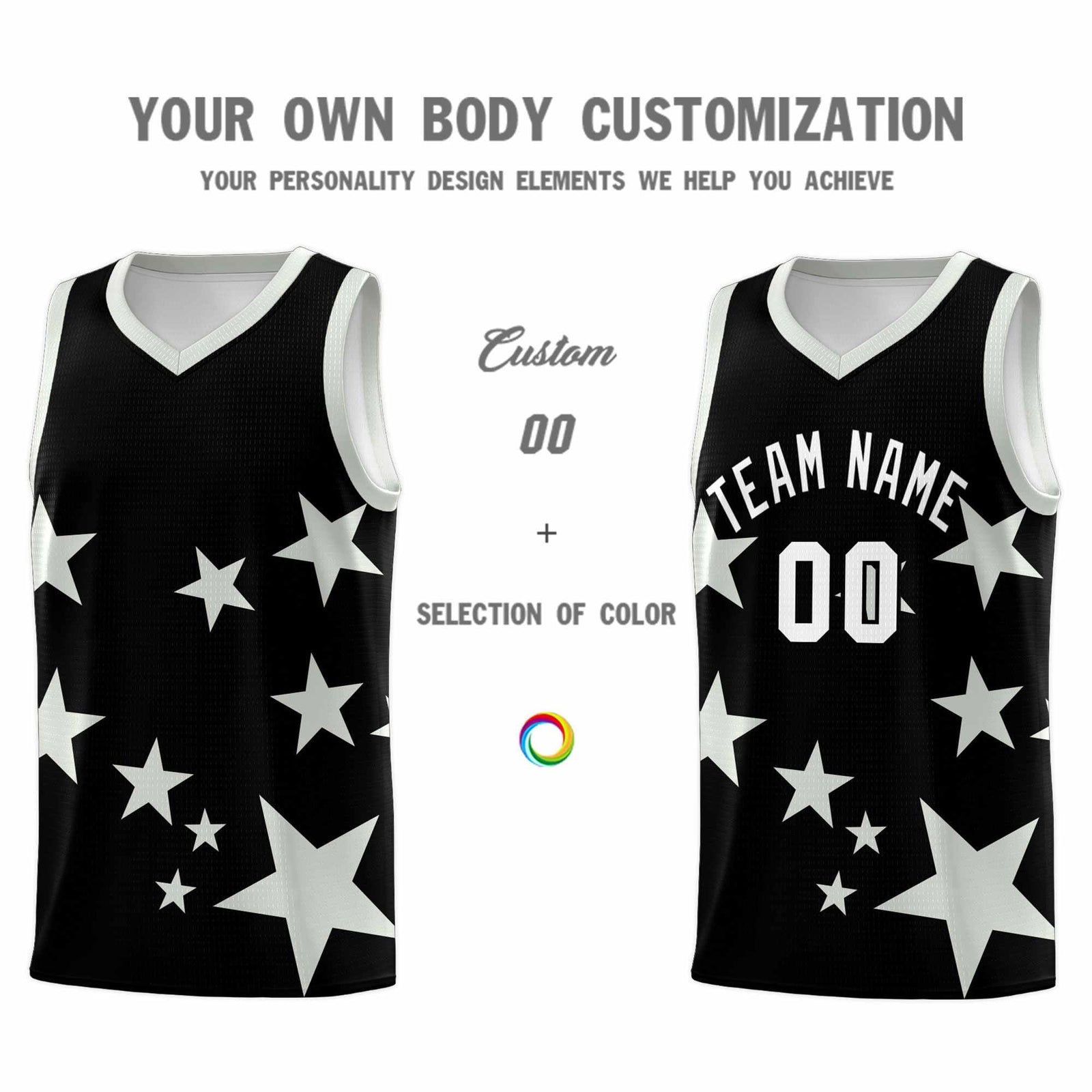 Custom Black Gray Graffiti Pattern Star Print Basketball Kits Sets