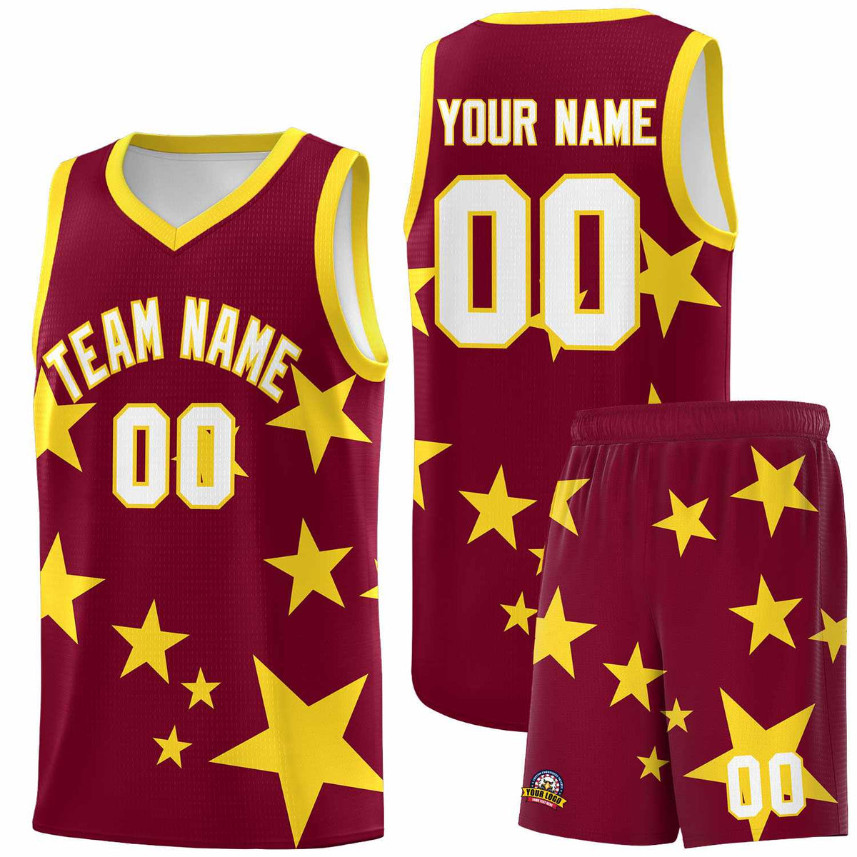 Custom Crimson Gold Graffiti Pattern Star Print Basketball Kits Sets