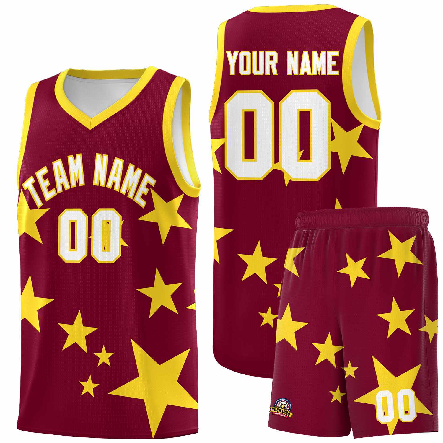 Custom Crimson Gold Graffiti Pattern Star Print Basketball Kits Sets