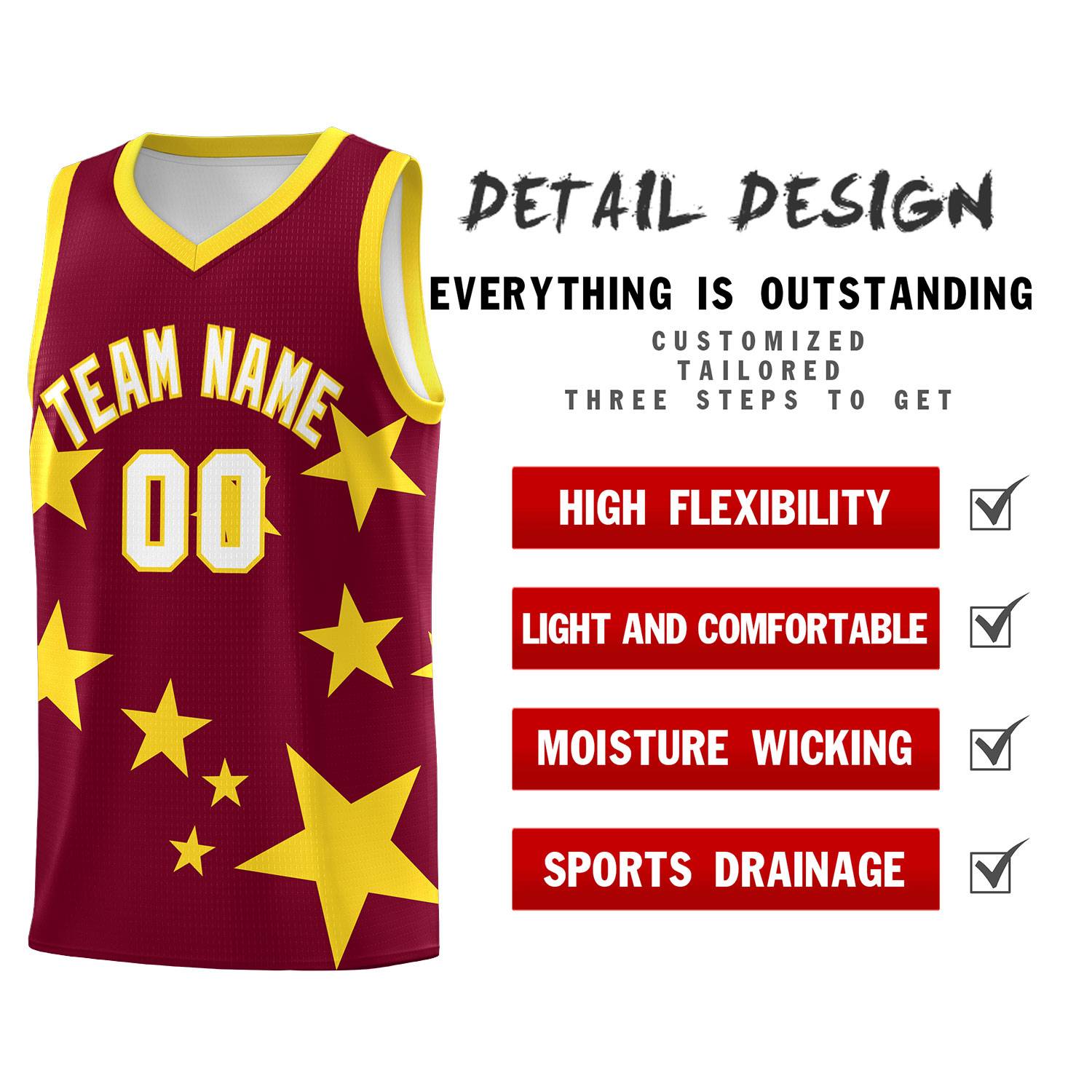 Custom Crimson Gold Graffiti Pattern Star Print Basketball Kits Sets