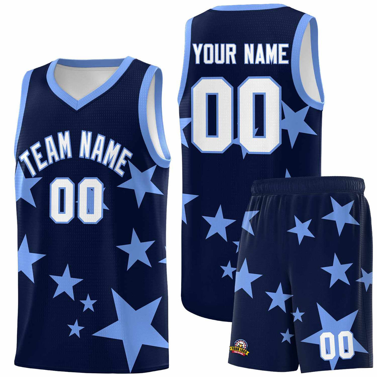 Custom Navy Light Blue Graffiti Pattern Star Print Basketball Kits Sets