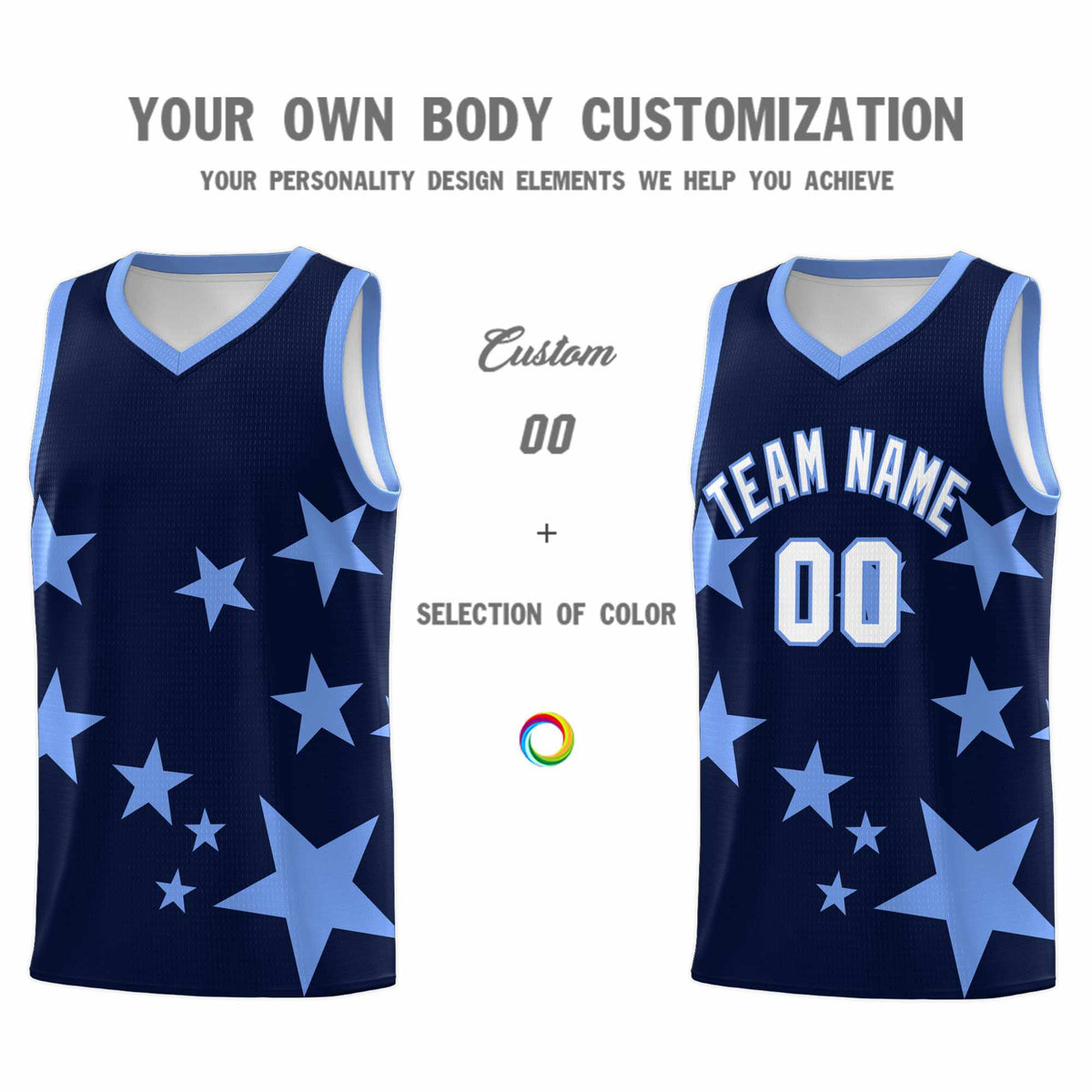 Custom Navy Light Blue Graffiti Pattern Star Print Basketball Kits Sets