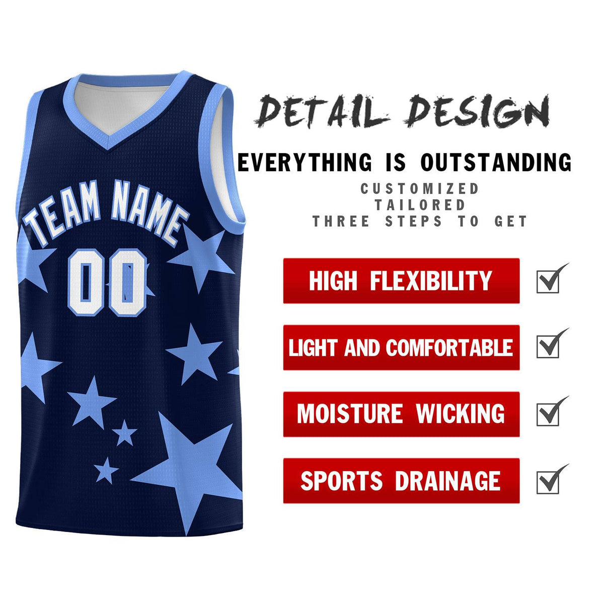 Custom Navy Light Blue Graffiti Pattern Star Print Basketball Kits Sets
