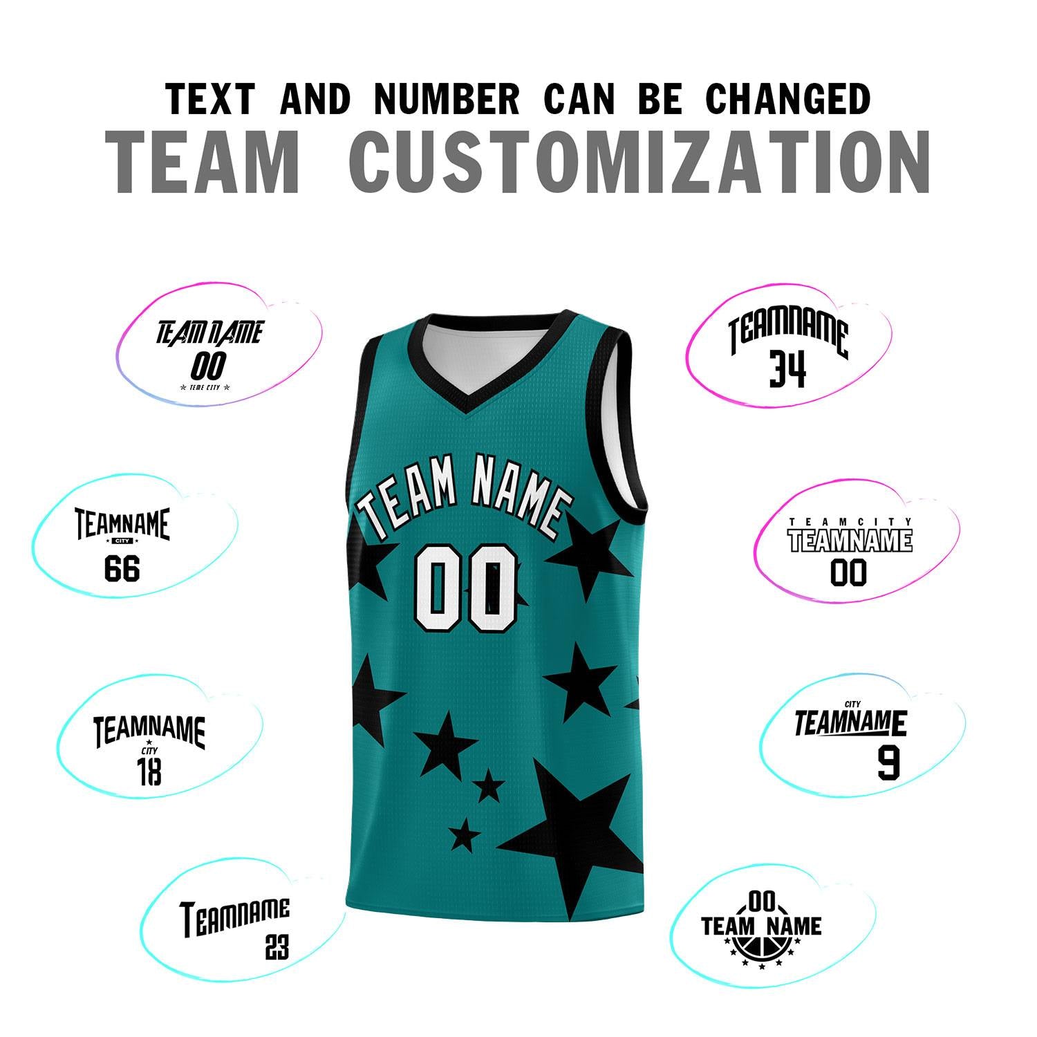 Custom Aqua Black Graffiti Pattern Star Print Basketball Kits Sets