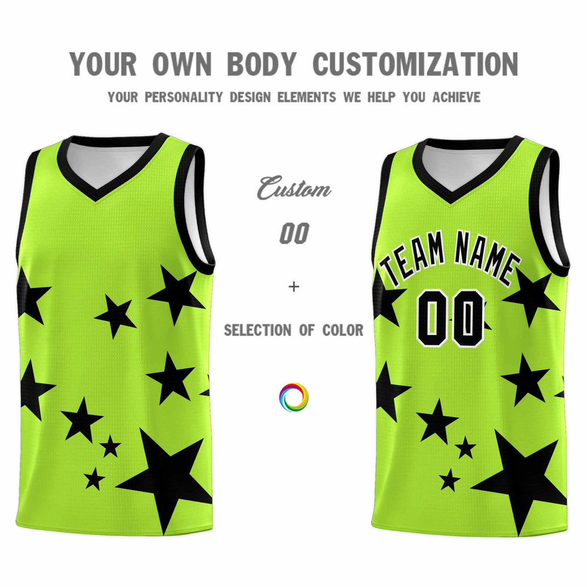 Custom Light Green Black Graffiti Pattern Star Print Basketball Kits Sets