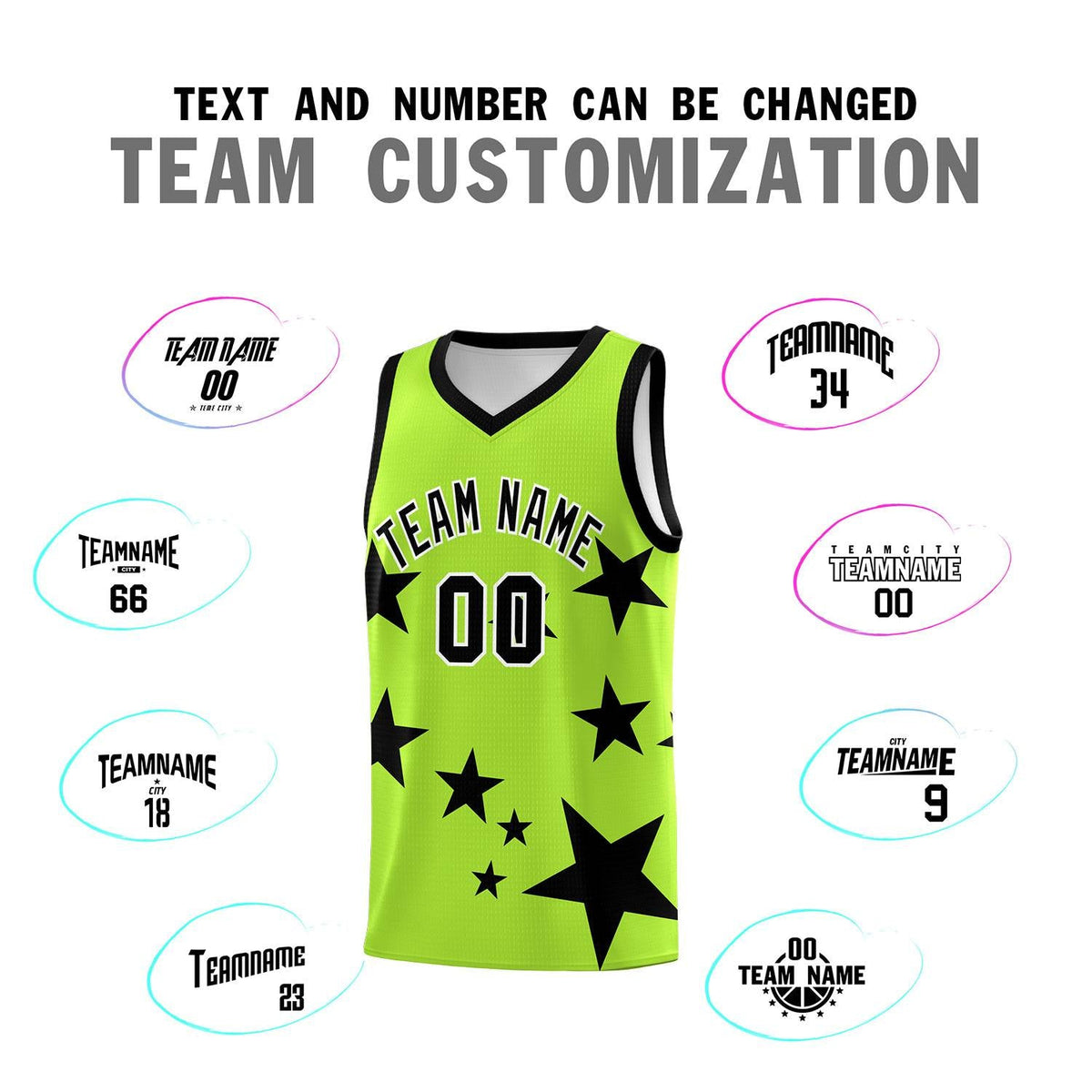 Custom Light Green Black Graffiti Pattern Star Print Basketball Kits Sets