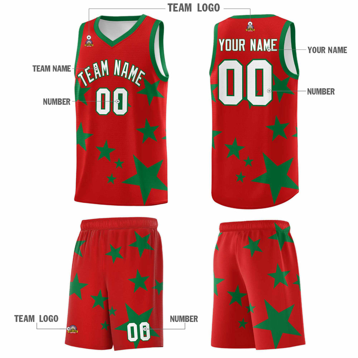 Custom Red Kelly Green Graffiti Pattern Star Print Basketball Kits Sets