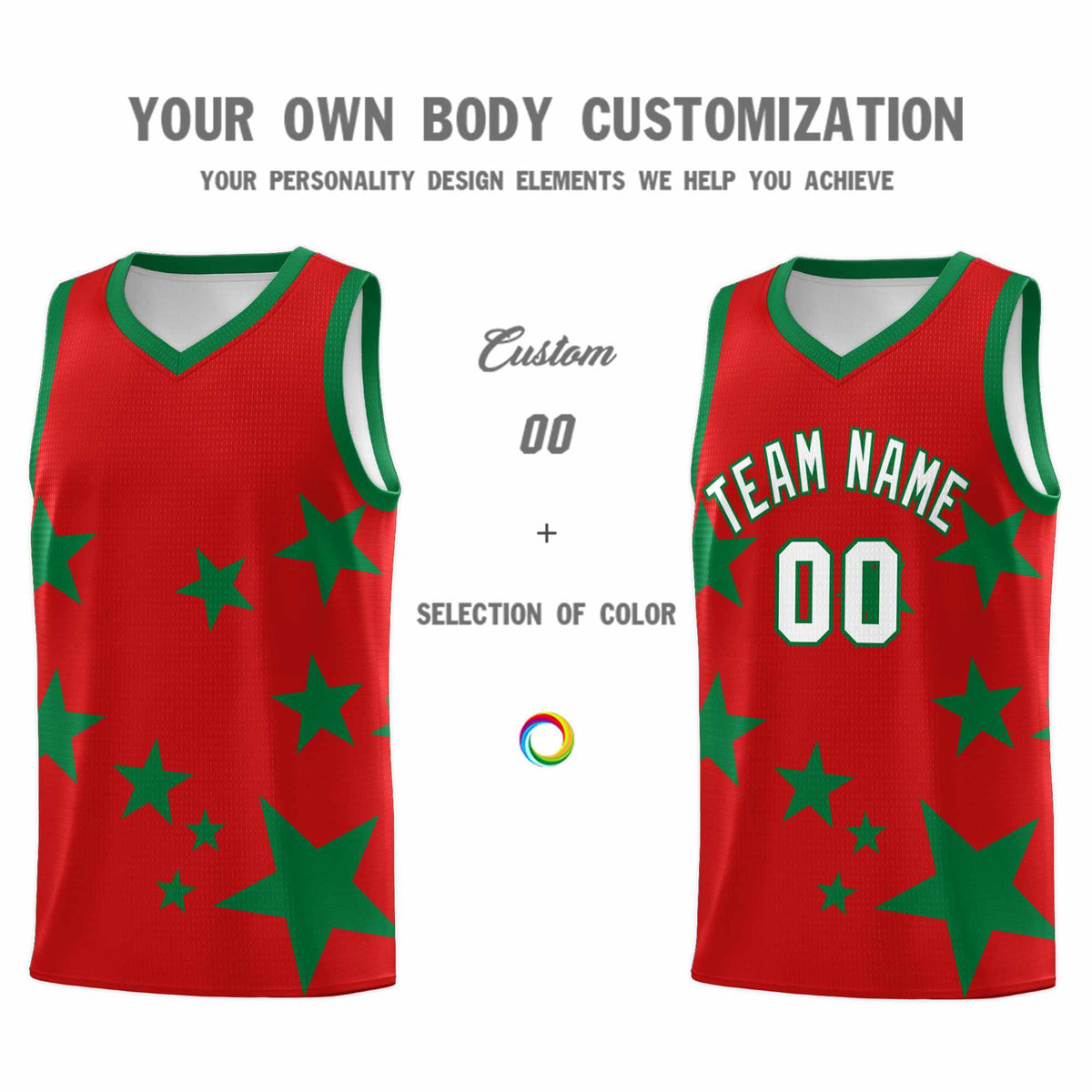 Custom Red Kelly Green Graffiti Pattern Star Print Basketball Kits Sets