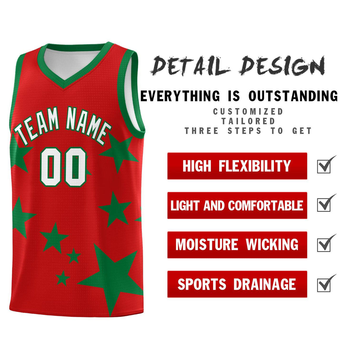 Custom Red Kelly Green Graffiti Pattern Star Print Basketball Kits Sets