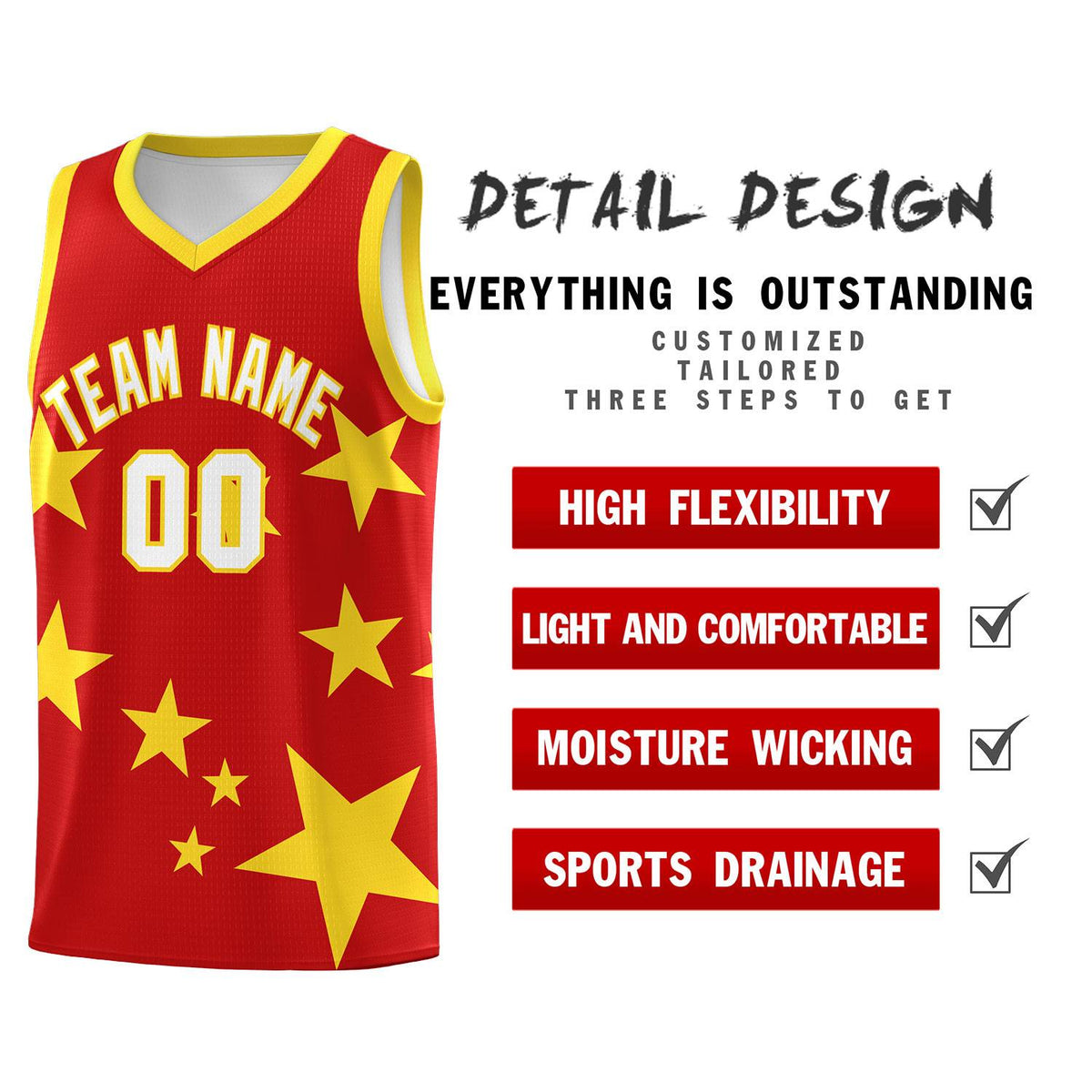Custom Red Gold Graffiti Pattern Star Print Basketball Kits Sets