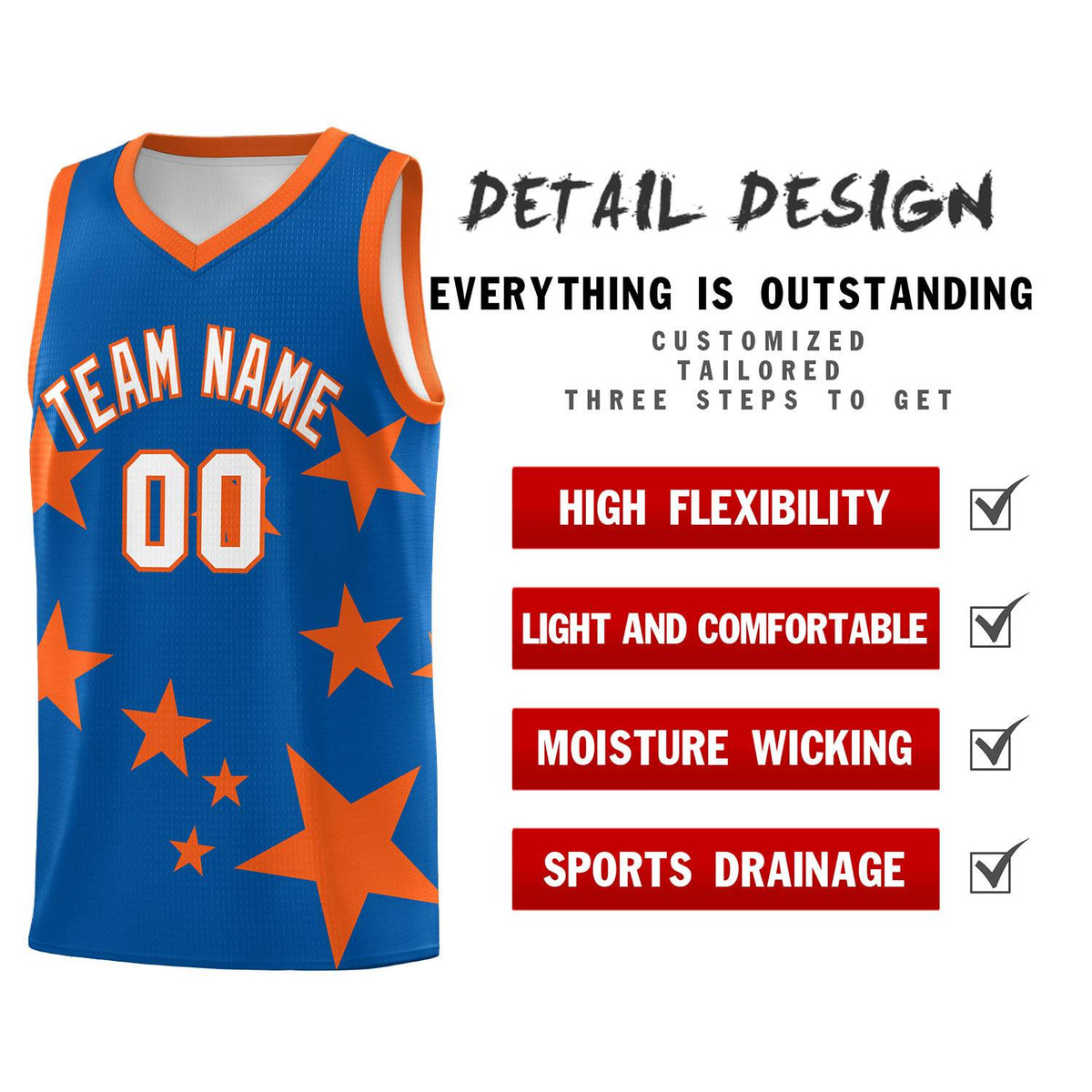 Custom Royal Orange Graffiti Pattern Star Print Basketball Kits Sets