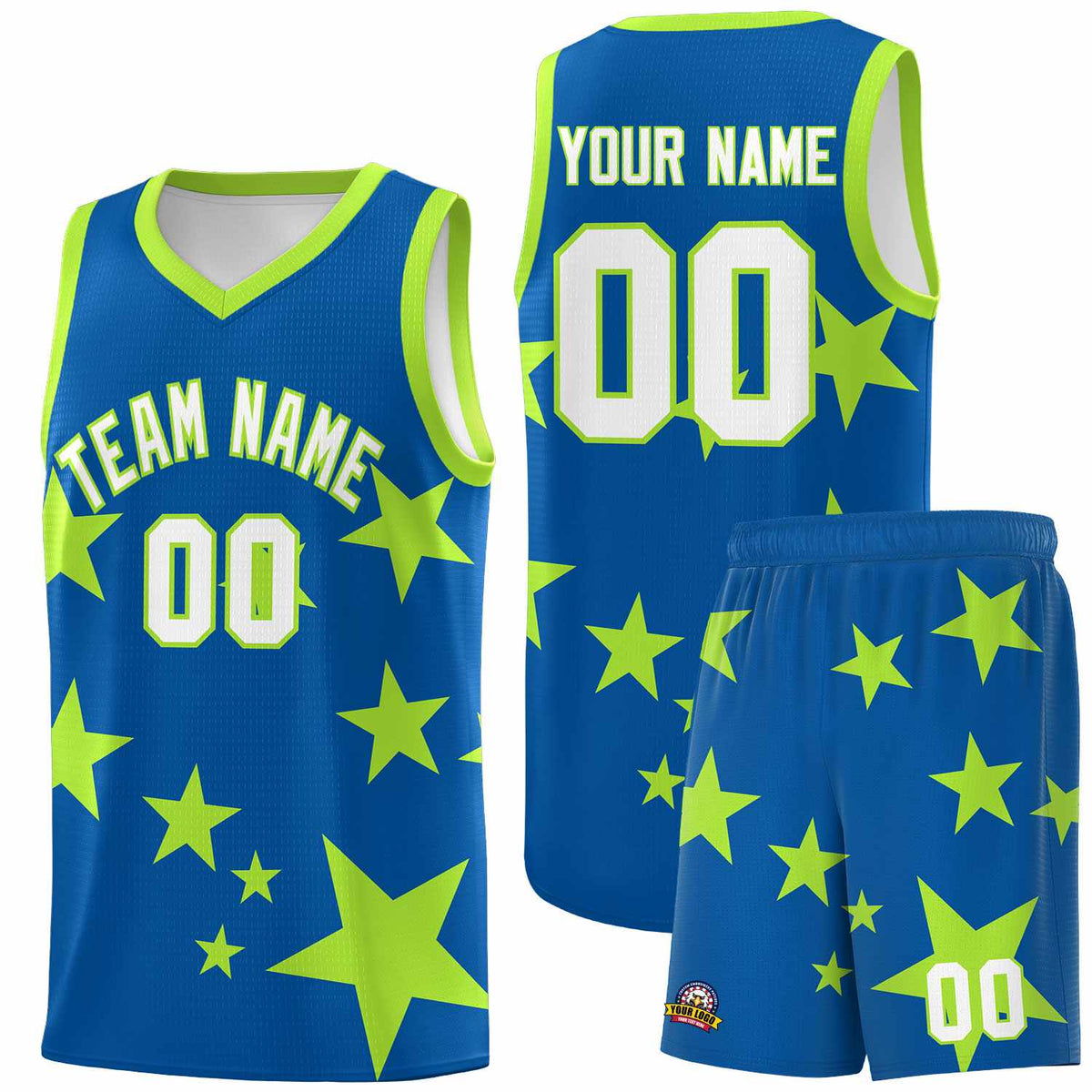 Custom Royal Light Green Graffiti Pattern Star Print Basketball Kits Sets