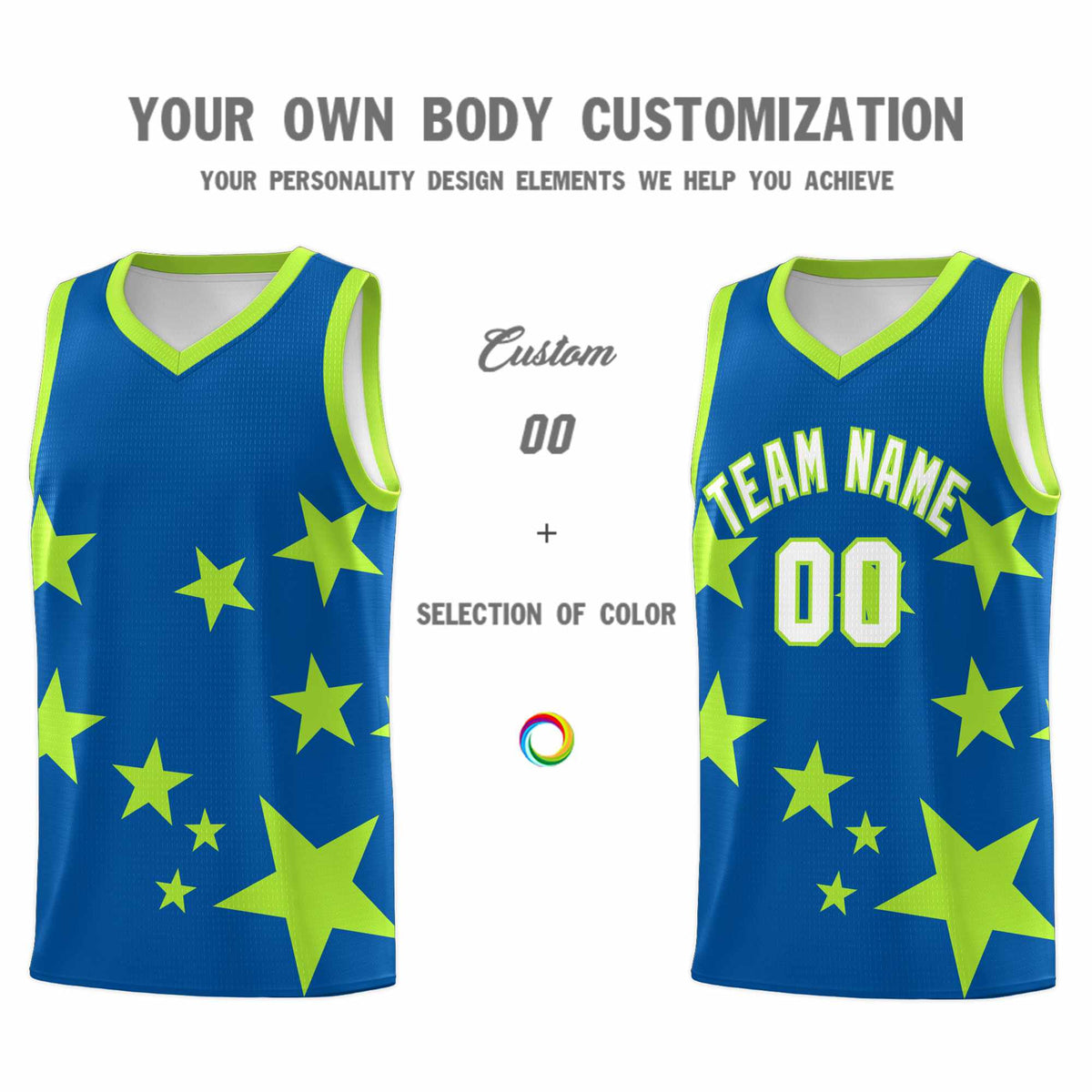 Custom Royal Light Green Graffiti Pattern Star Print Basketball Kits Sets
